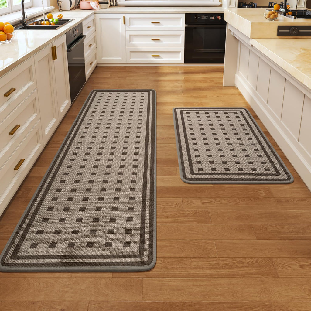 Kitchen Rugs Set of 2,Kitchen Mats for Floor, Runner Rugs Non Slip Washable Absorbent Kitchen Floor Mat, Braided Kitchen Sink Rug, 17''x30''+17''x47'' Brown