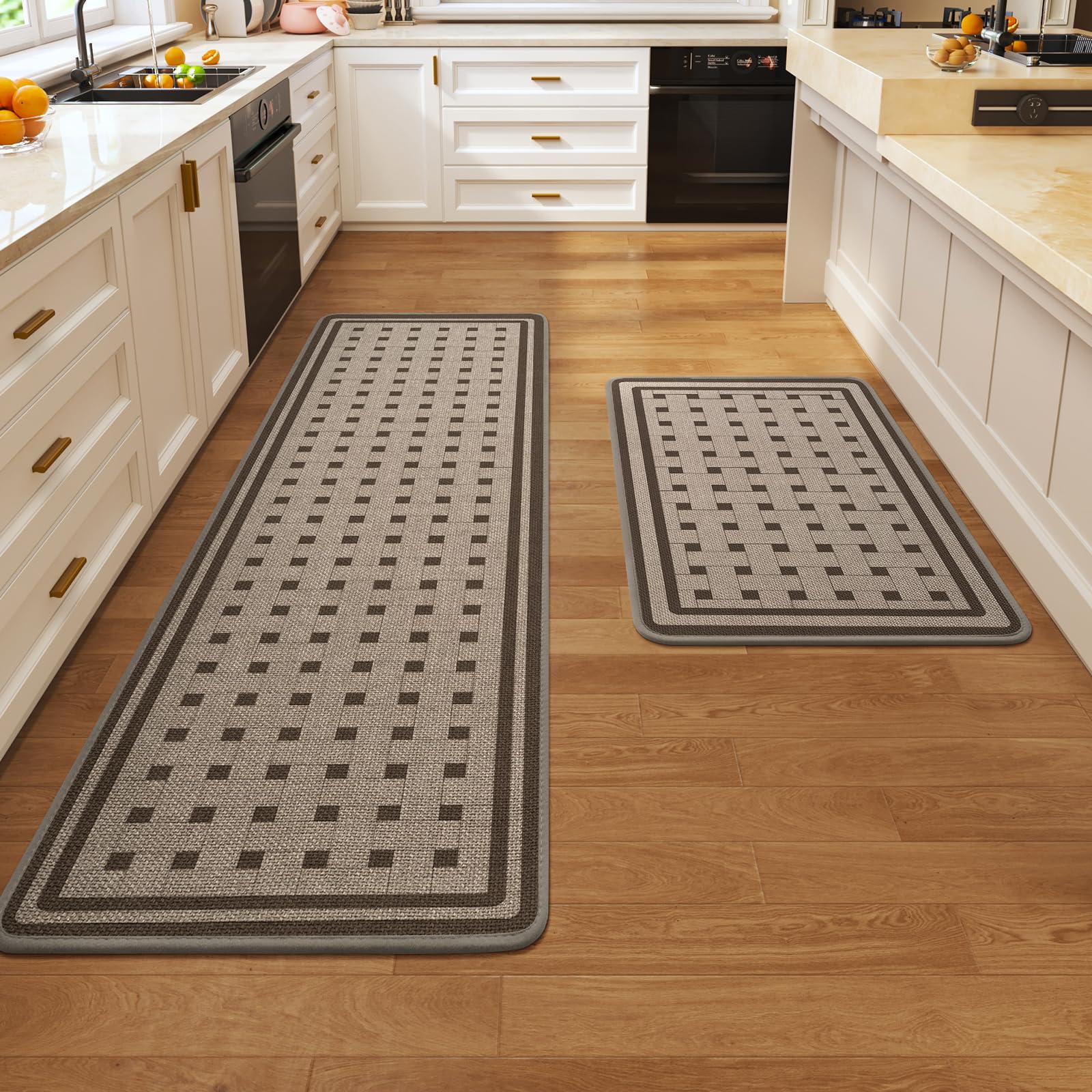 Kitchen Rugs Set of 2,Kitchen Mats for Floor, Runner Rugs Non Slip Washable Absorbent Kitchen Floor Mat, Braided Kitchen Sink Rug, 17''x30''+17''x47'' Brown