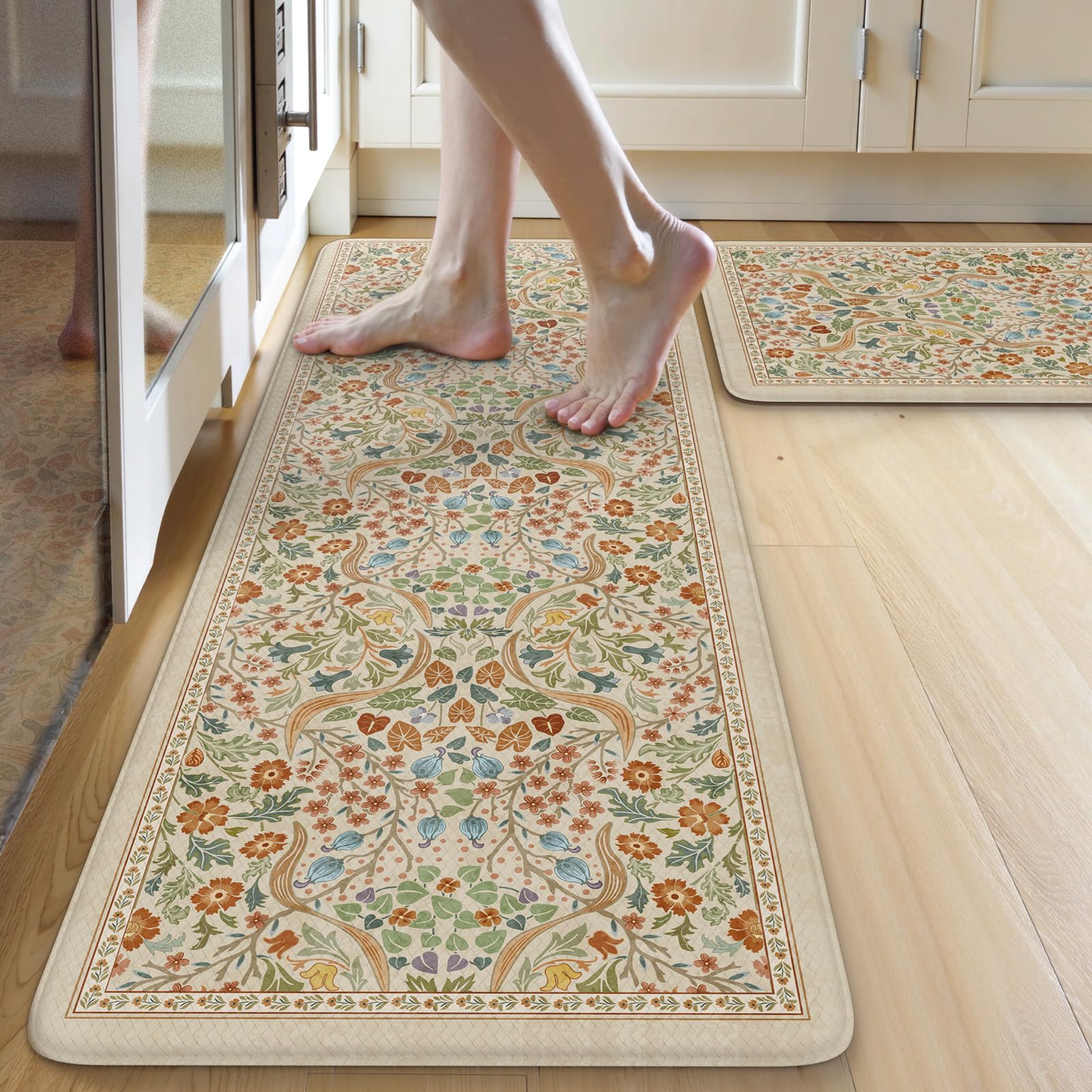 Collive Kitchen Mats for Floor 2PCS, Cushioned Anti Fatigue Mat Non Slip Waterproof Kitchen Sink Rugs, Washable Vintage Spring Floral Rug Comfort Standing Mat for Laundry, Desk, Bar, Office, Black