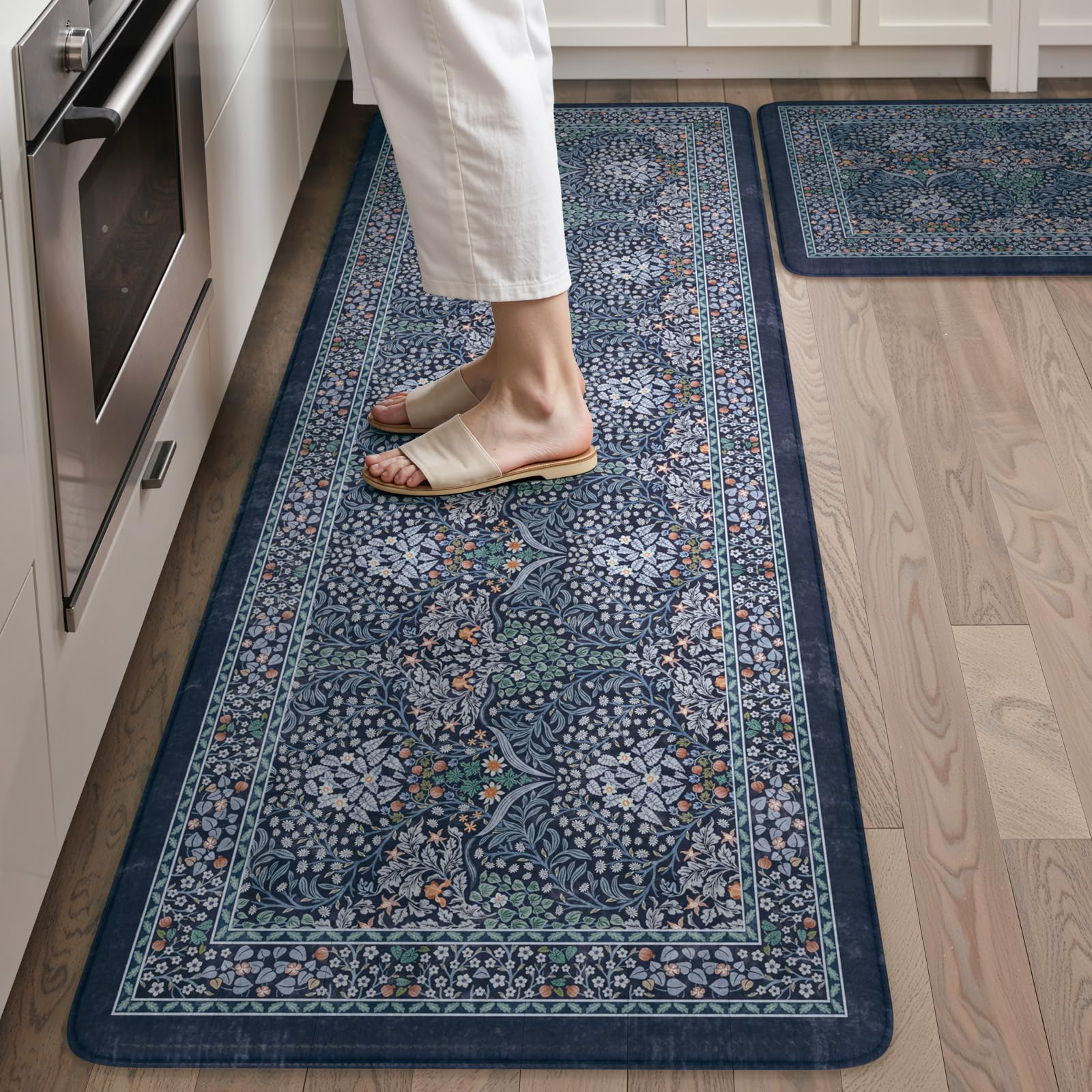 Collive Kitchen Mats for Floor 2PCS, Cushioned Anti Fatigue Mat Non Slip Waterproof Kitchen Sink Rugs, Washable Vintage Spring Floral Rug Comfort Standing Mat for Laundry, Desk, Bar, Office, Black