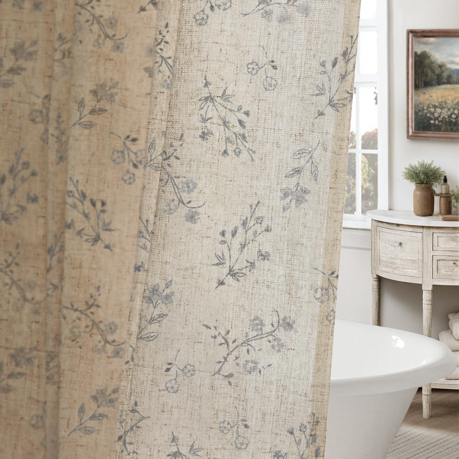 Floral Farmhouse Vintage Linen Shower Curtain, French Country Spring Shower Curtains for Bathroom, 72Wx72H