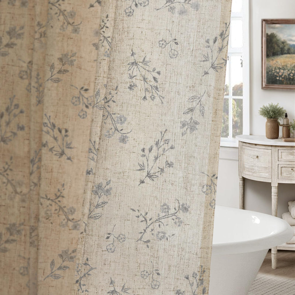 Floral Farmhouse Vintage Linen Shower Curtain, French Country Spring Shower Curtains for Bathroom, 72Wx72H