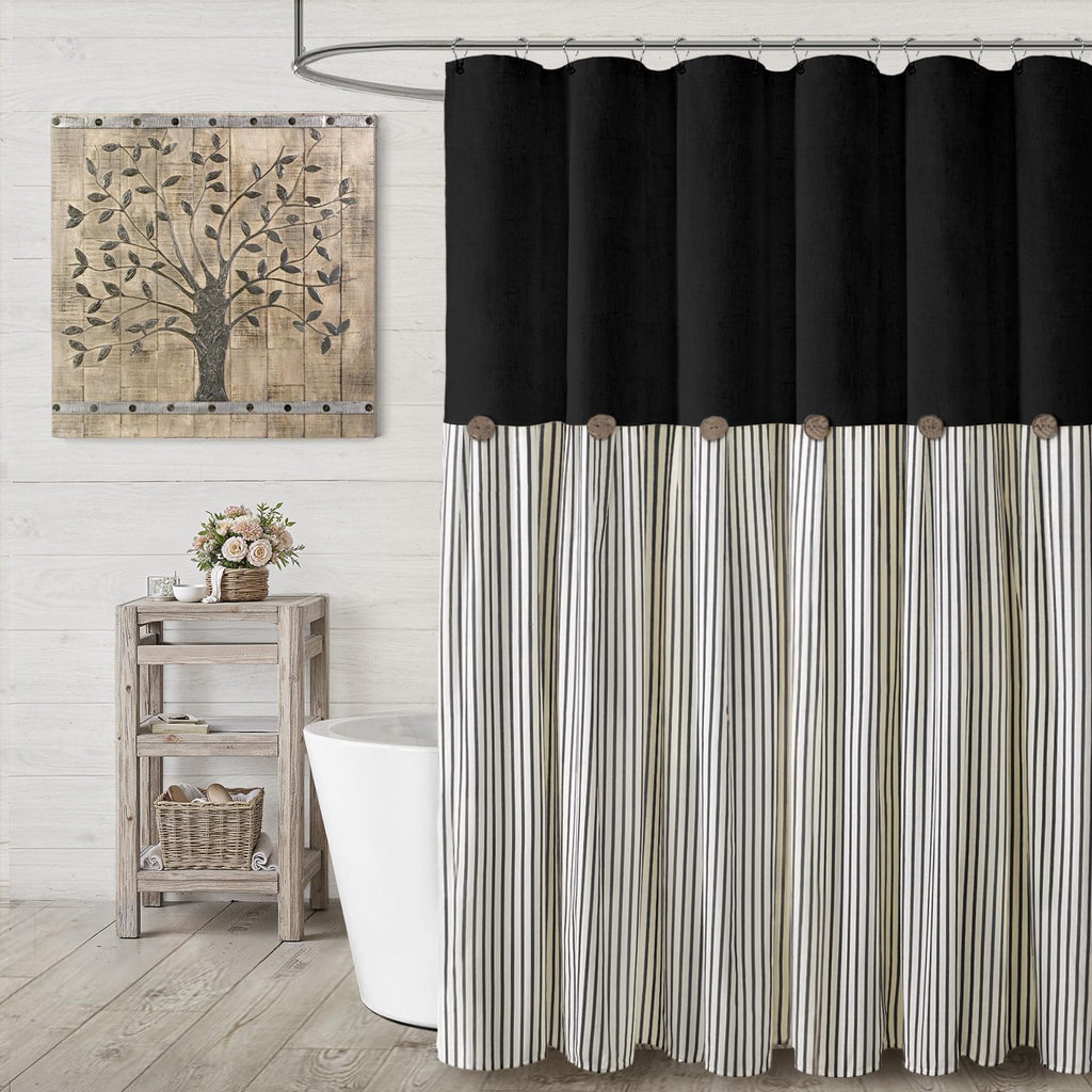 Farmhouse Shower Curtain Linen Beige Button Woven Fabric Country Rustic Western, Pleated Brown Stripe 72" W x 72" L