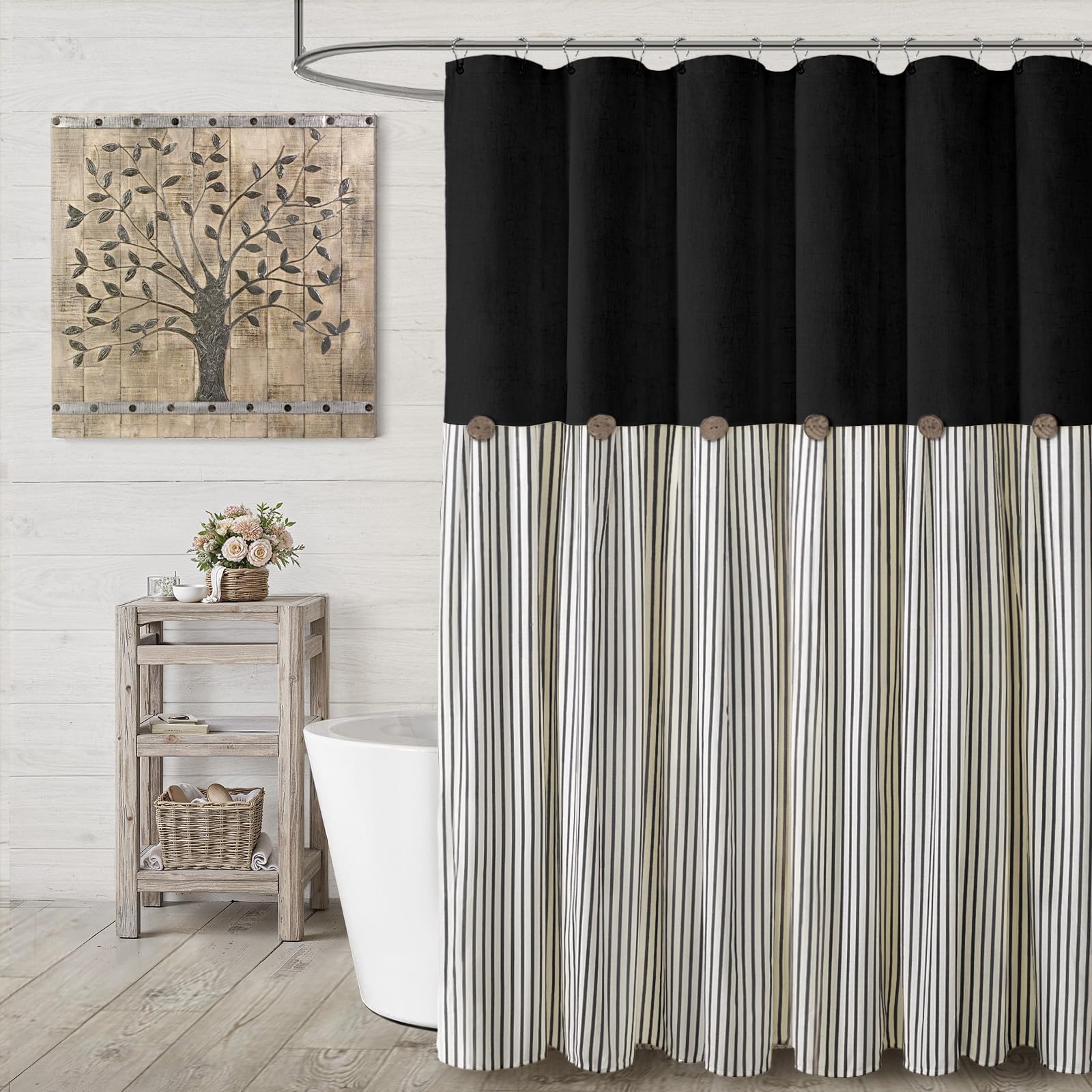 Farmhouse Shower Curtain Linen Beige Button Woven Fabric Country Rustic Western, Pleated Brown Stripe 72" W x 72" L