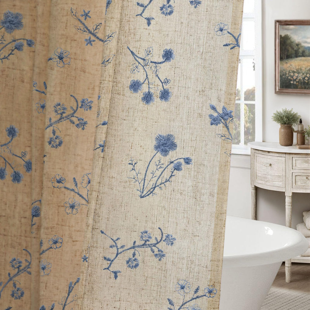 Floral Farmhouse Vintage Linen Shower Curtain, French Country Spring Shower Curtains for Bathroom, 72Wx72H