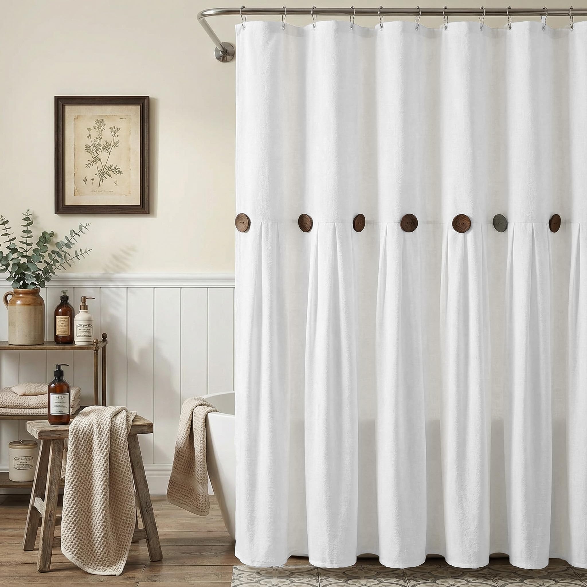 Farmhouse Shower Curtain Linen Beige Button Woven Fabric Country Rustic Western, Pleated Brown Stripe 72" W x 72" L