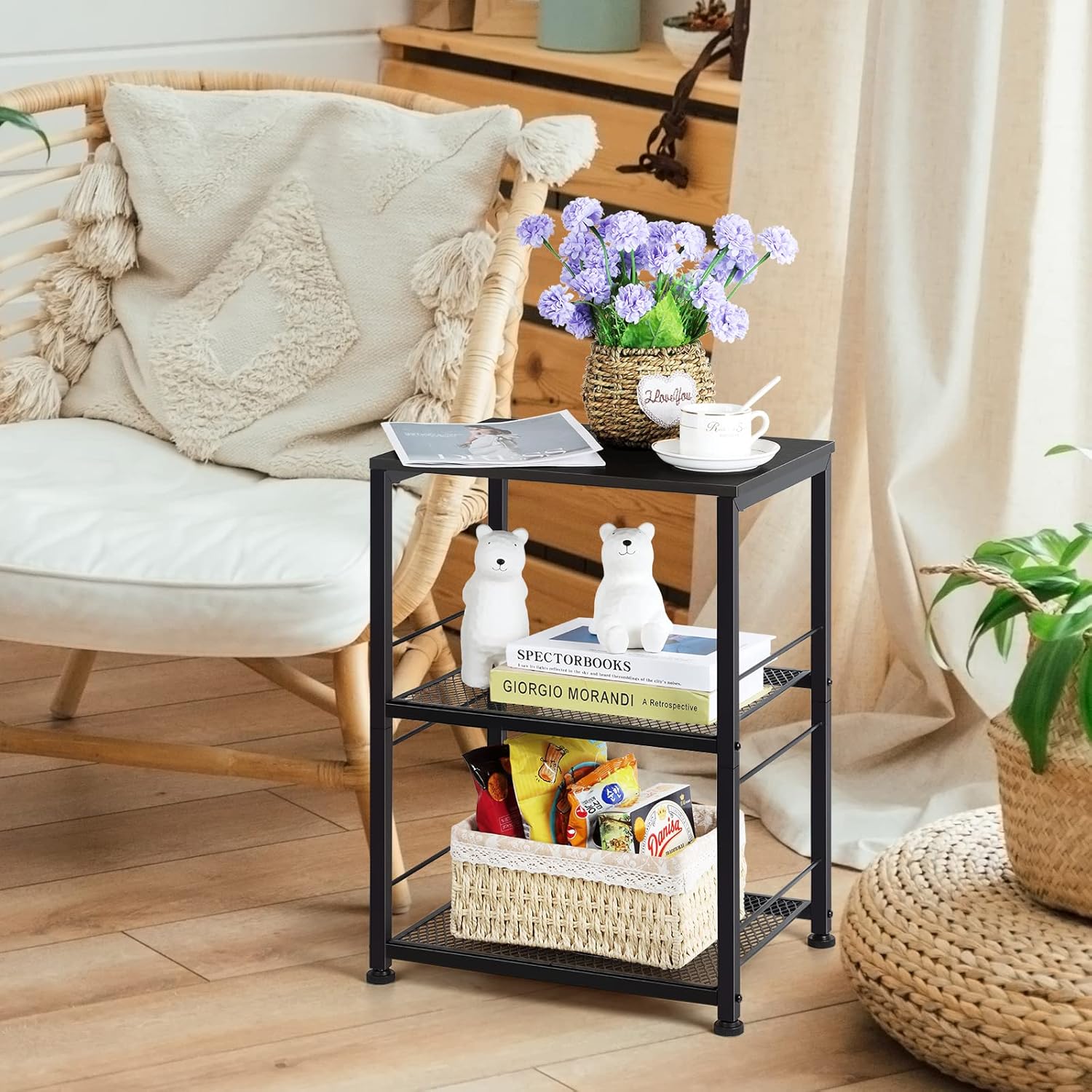OYEAL Black Night Stand Industrial End Table with Storage Shelf Narrow Side Table for Small Spaces, Farmhouse Bedside Table for Living Room Bedroom, Stable Metal Frame (Black)