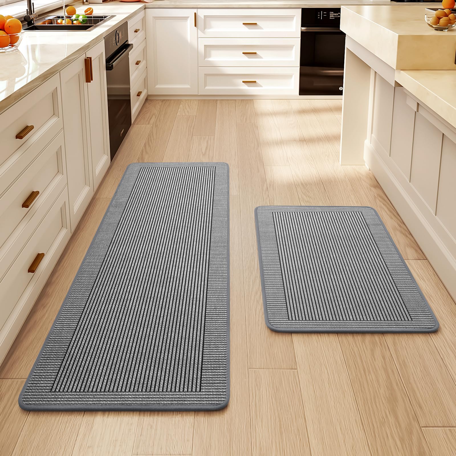 Kitchen Rugs Set of 2,Kitchen Mats for Floor, Runner Rugs Non Slip Washable Absorbent Kitchen Floor Mat, Braided Kitchen Sink Rug, 17''x30''+17''x47'' Brown
