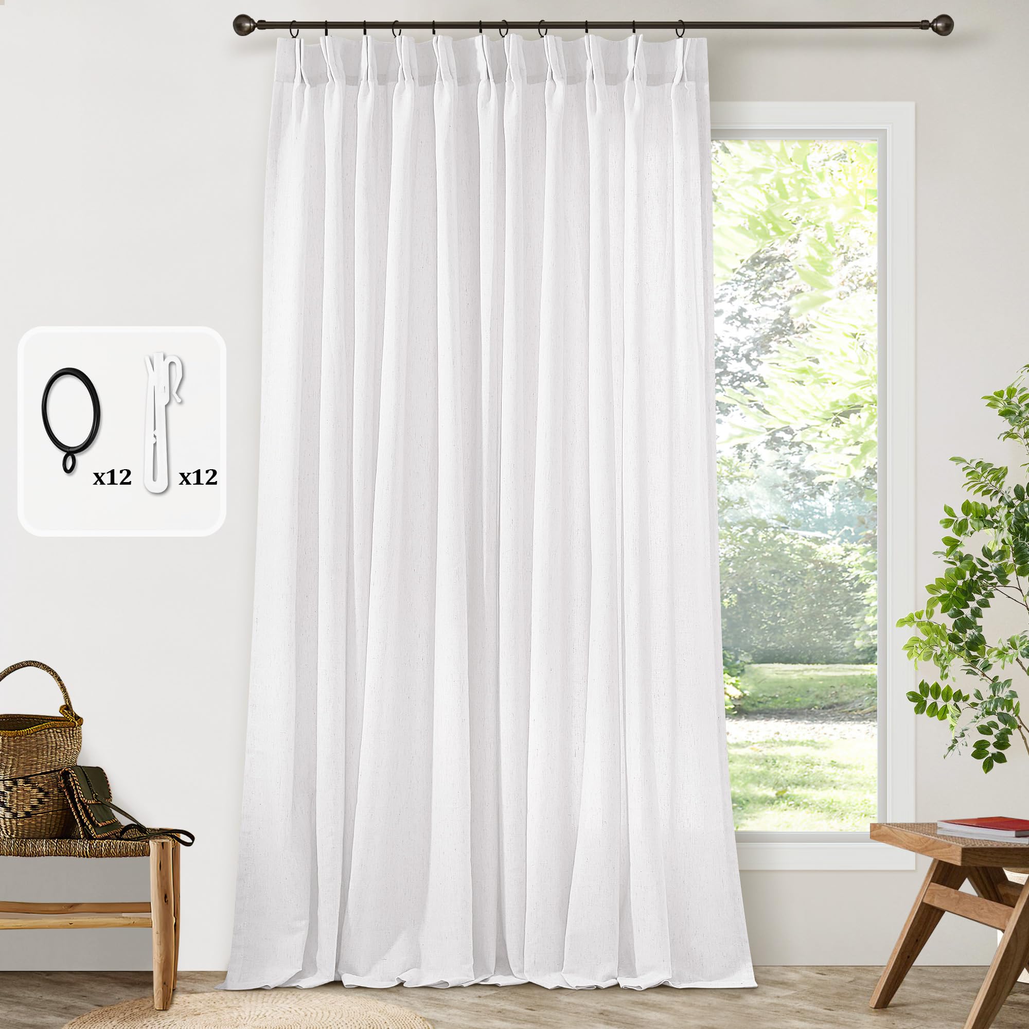 Natural Pinch Pleated Linen Curtains 72 Inches Long 72 Inch Wide for Living Room Bathroom Light Filtering Semi Sheer Shower Bath Curtain 72x72 Boho Neutral Pinch Pleated Drape Hooks Rings 1 Panel