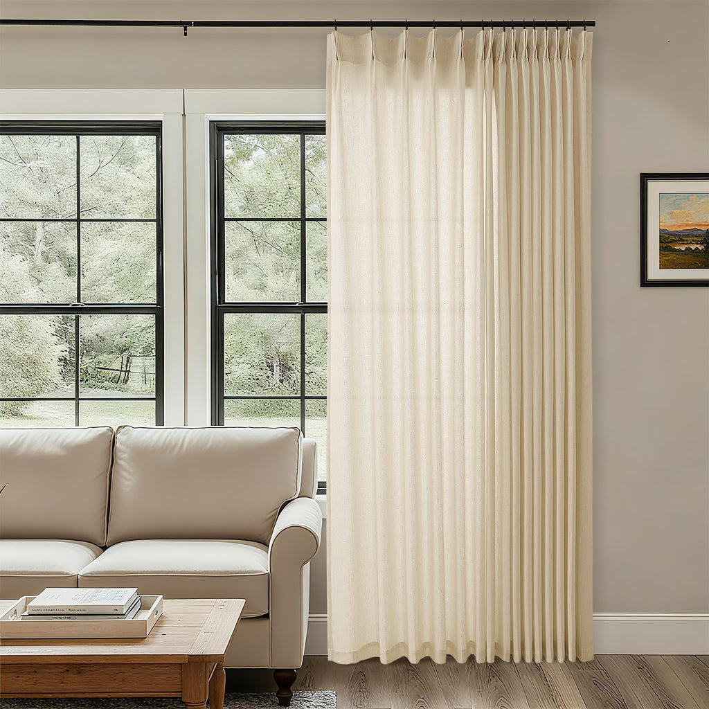 Natural Pinch Pleated Linen Curtains 72 Inches Long 72 Inch Wide for Living Room Bathroom Light Filtering Semi Sheer Shower Bath Curtain 72x72 Boho Neutral Pinch Pleated Drape Hooks Rings 1 Panel