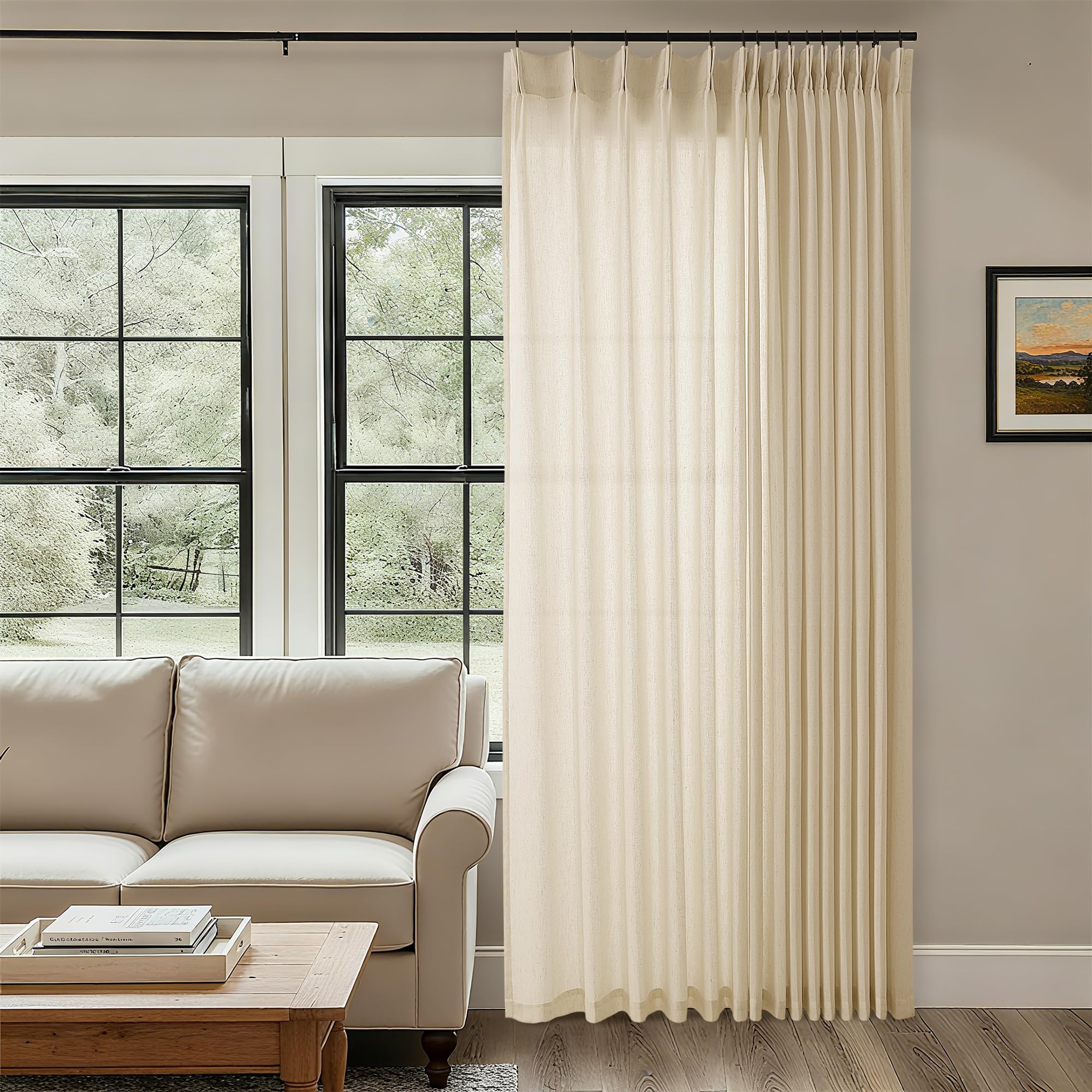 Natural Pinch Pleated Linen Curtains 72 Inches Long 72 Inch Wide for Living Room Bathroom Light Filtering Semi Sheer Shower Bath Curtain 72x72 Boho Neutral Pinch Pleated Drape Hooks Rings 1 Panel
