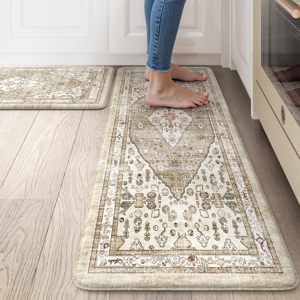 Collive Boho Kitchen Mats 2PCS, Cushioned Kitchen Mat for Floor Anti Fatigue Waterproof Kitchens Rugs Set of 2, Non Skid Comfort Standing Rug for Office, Sink, Laundry, 17.3"x29"+17.3"x47"