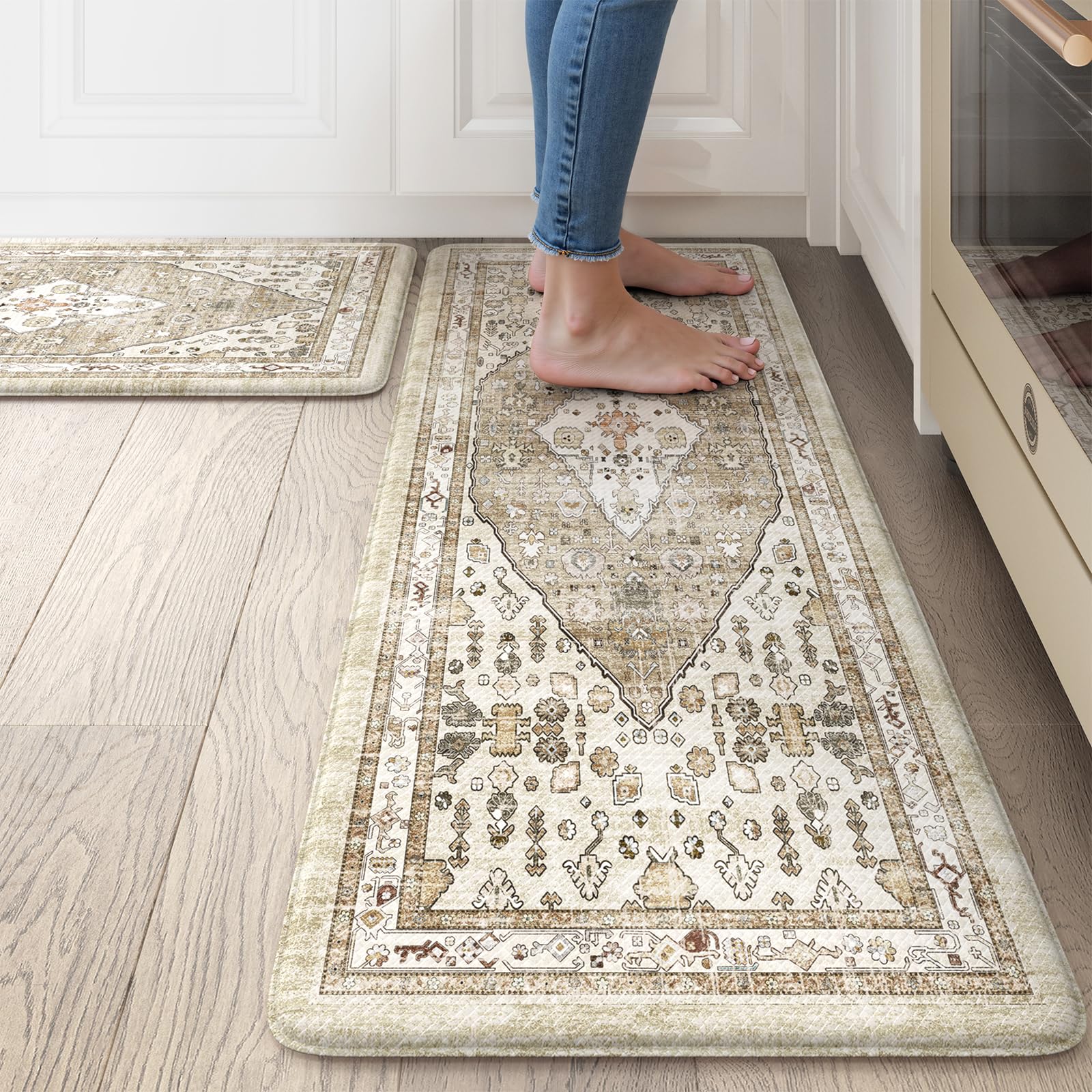 Collive Boho Kitchen Mats 2PCS, Cushioned Kitchen Mat for Floor Anti Fatigue Waterproof Kitchens Rugs Set of 2, Non Skid Comfort Standing Rug for Office, Sink, Laundry, 17.3"x29"+17.3"x47"