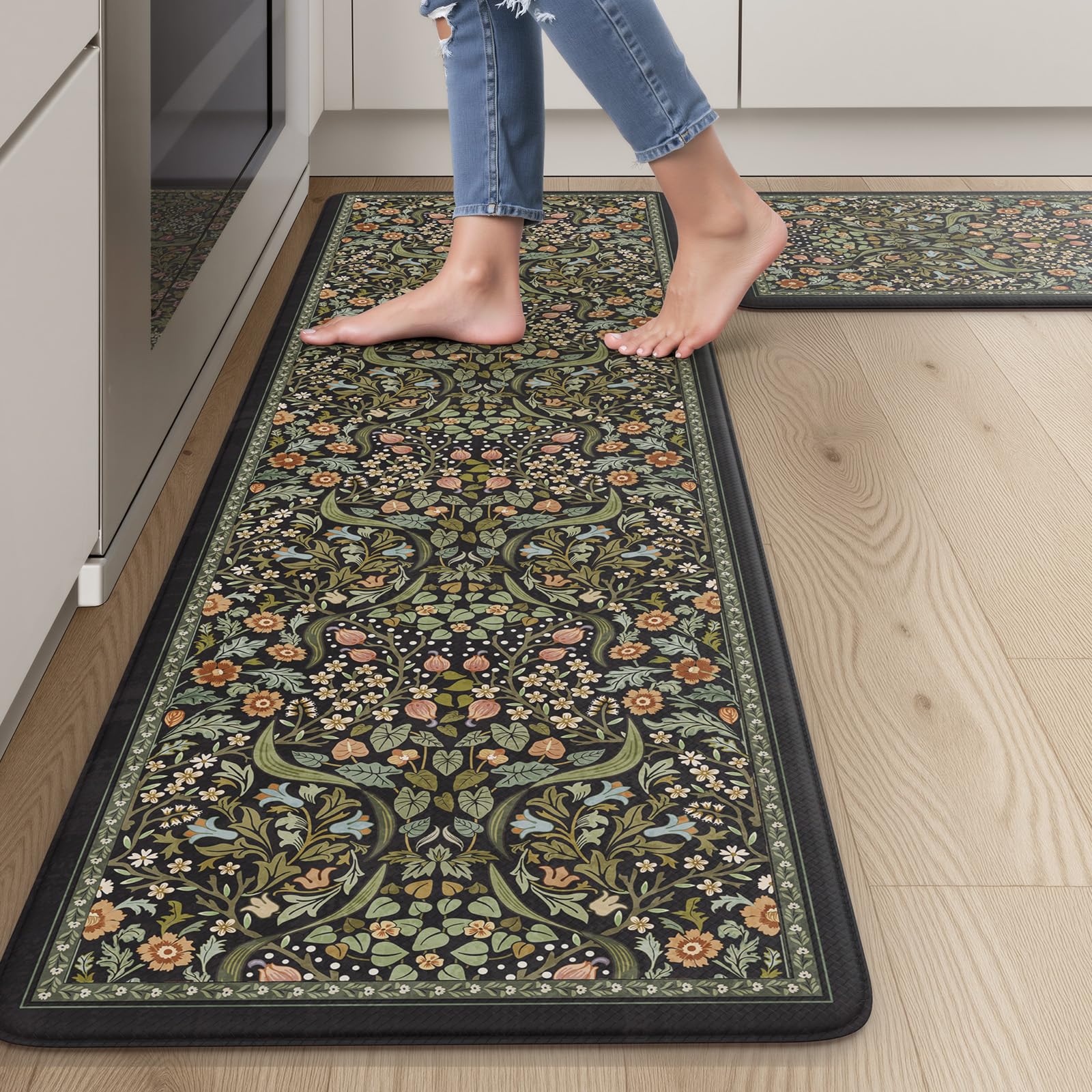 Collive Kitchen Mats for Floor 2PCS, Cushioned Anti Fatigue Mat Non Slip Waterproof Kitchen Sink Rugs, Washable Vintage Spring Floral Rug Comfort Standing Mat for Laundry, Desk, Bar, Office, Black