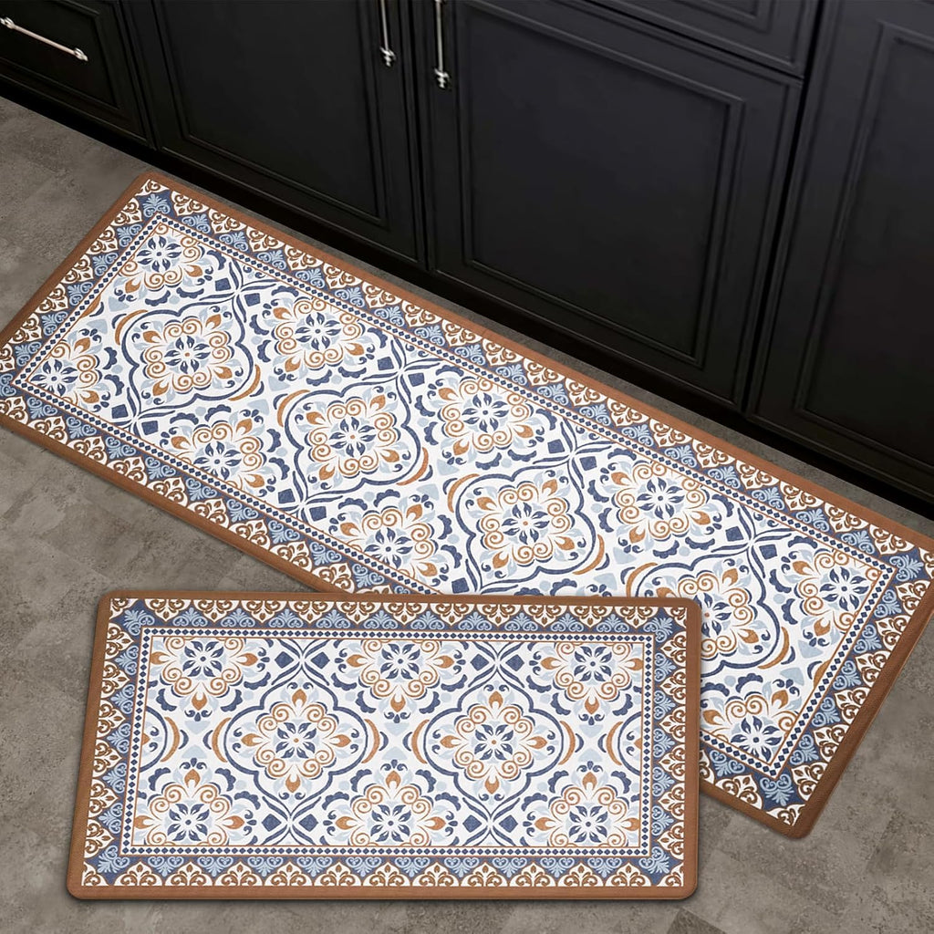 2-Piece Moroccan Tile Anti-Fatigue Kitchen Mat Set, Waterproof Non-Skid Washable Floor Rug 17"×30"+17"×47"