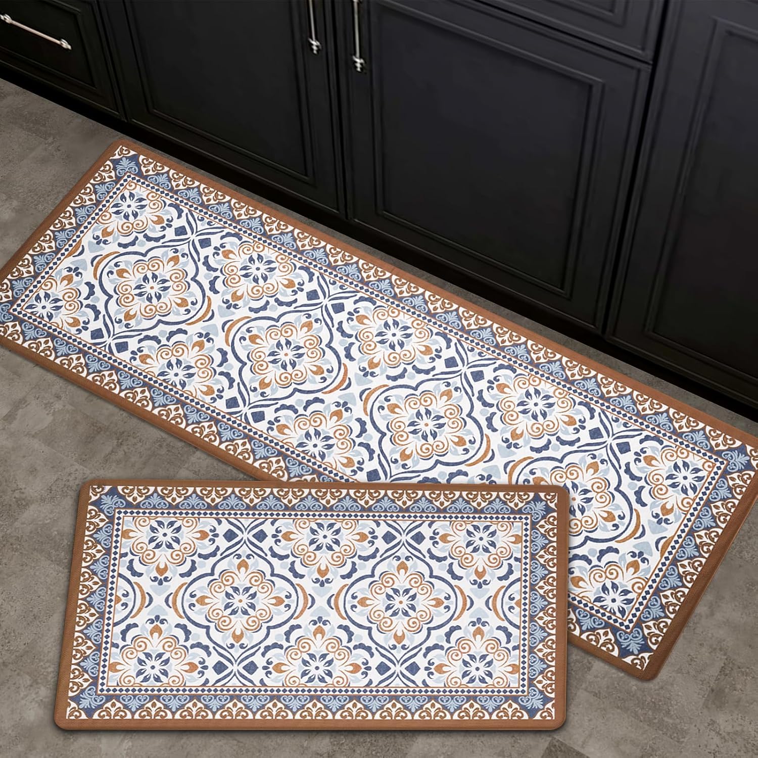 2-Piece Moroccan Tile Anti-Fatigue Kitchen Mat Set, Waterproof Non-Skid Washable Floor Rug 17"×30"+17"×47"