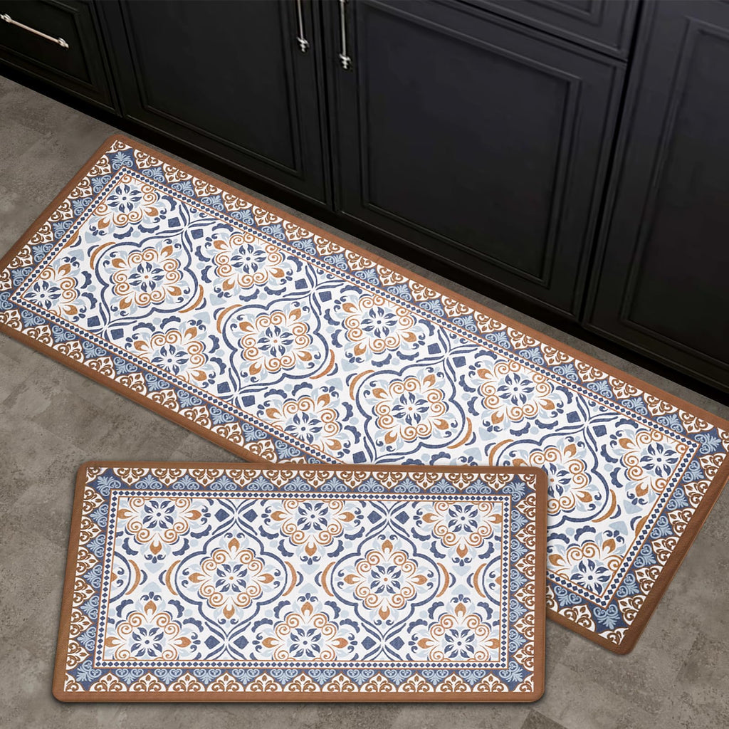 2-Piece Moroccan Tile Anti-Fatigue Kitchen Mat Set, Waterproof Non-Skid Washable Floor Rug 17"×30"+17"×47"