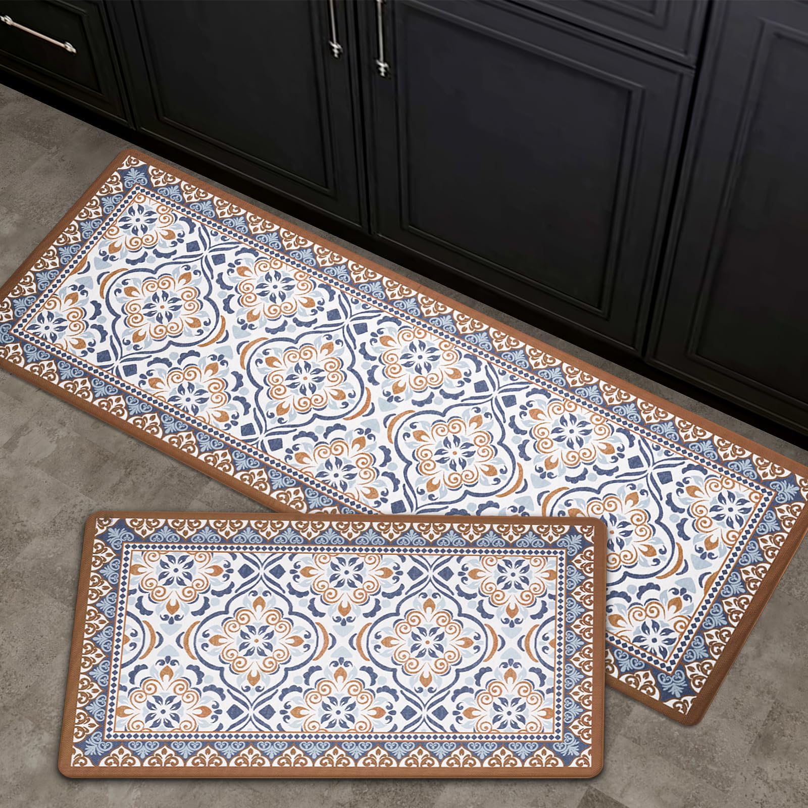 2-Piece Moroccan Tile Anti-Fatigue Kitchen Mat Set, Waterproof Non-Skid Washable Floor Rug 17"×30"+17"×47"