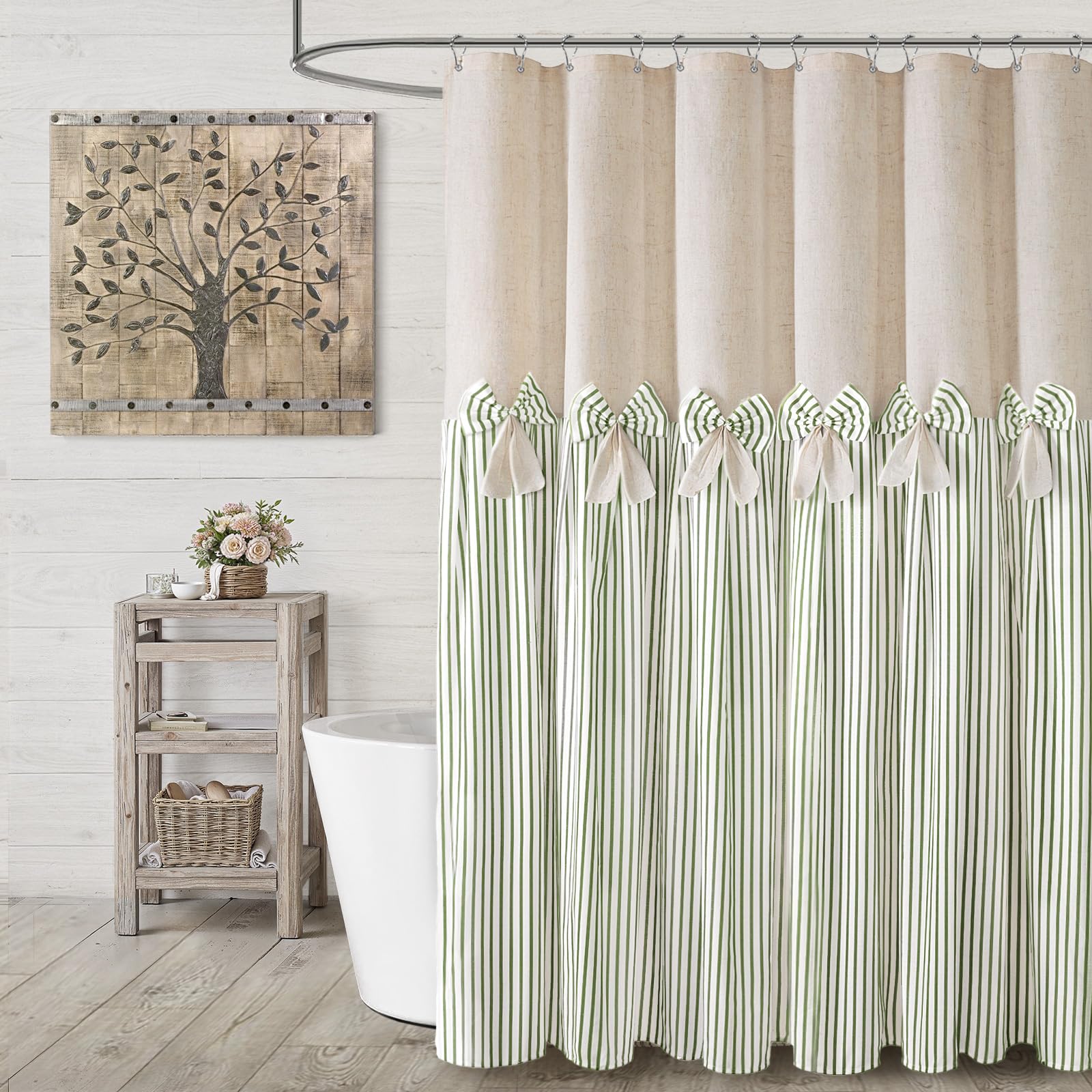 Farmhouse Shower Curtain Linen Beige Button Woven Fabric Country Rustic Western, Pleated Brown Stripe 72" W x 72" L