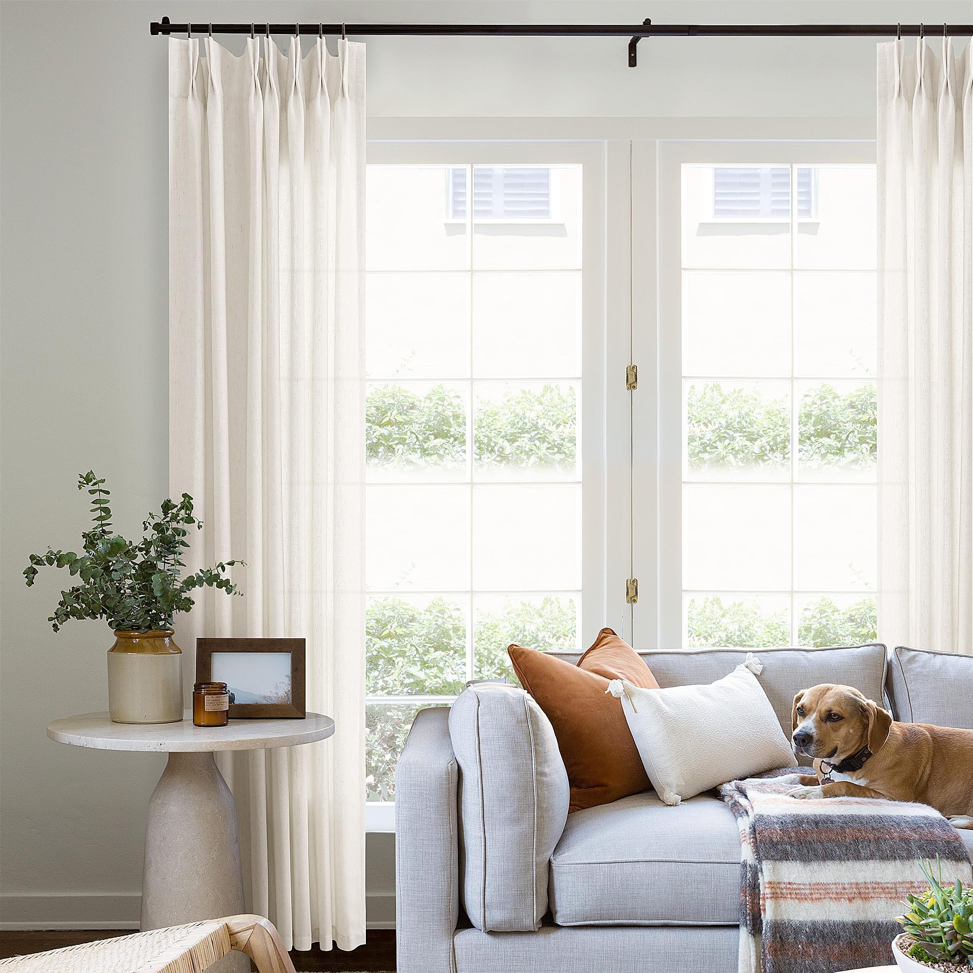 Natural Pinch Pleated Linen Curtains 72 Inches Long 72 Inch Wide for Living Room Bathroom Light Filtering Semi Sheer Shower Bath Curtain 72x72 Boho Neutral Pinch Pleated Drape Hooks Rings 1 Panel