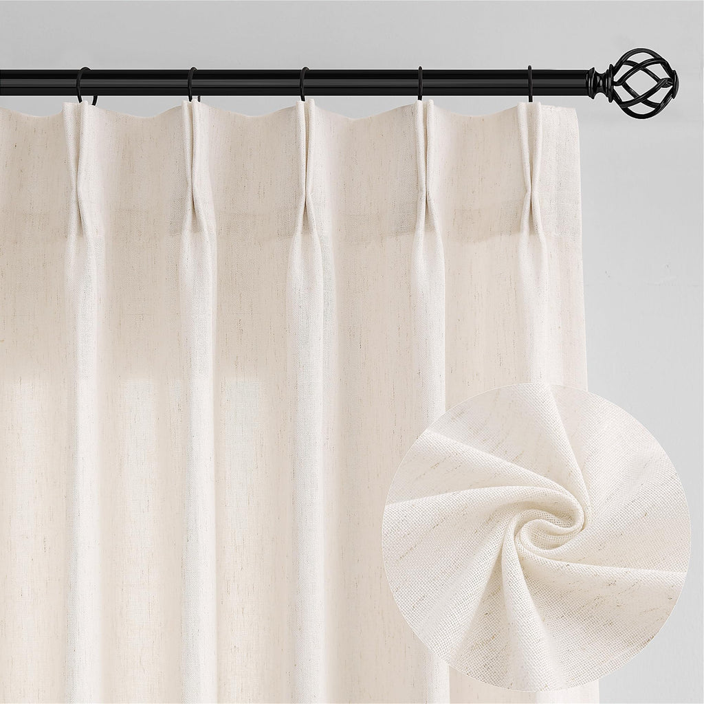 Natural Pinch Pleated Linen Curtains 72 Inches Long 72 Inch Wide for Living Room Bathroom Light Filtering Semi Sheer Shower Bath Curtain 72x72 Boho Neutral Pinch Pleated Drape Hooks Rings 1 Panel
