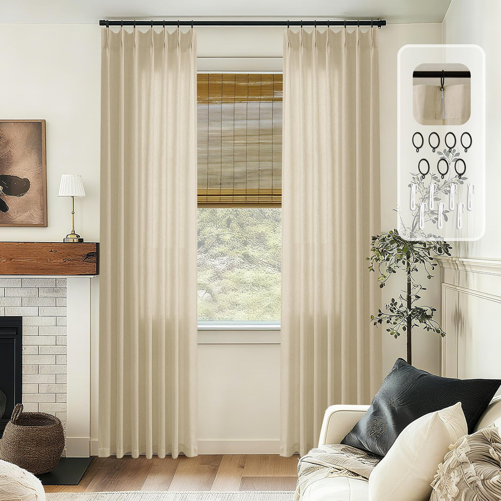 Natural Pinch Pleated Linen Curtains 72 Inches Long 72 Inch Wide for Living Room Bathroom Light Filtering Semi Sheer Shower Bath Curtain 72x72 Boho Neutral Pinch Pleated Drape Hooks Rings 1 Panel