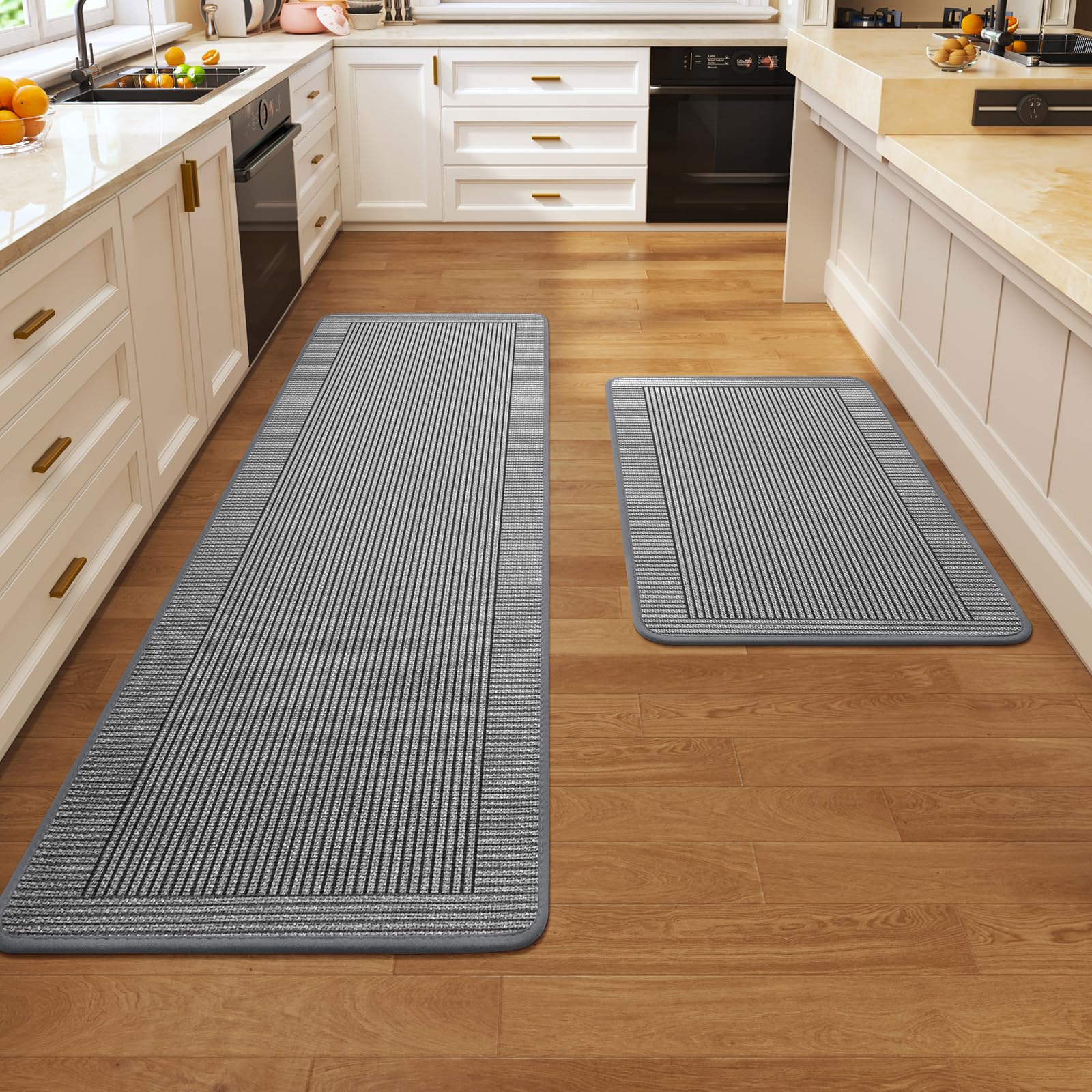 Kitchen Rugs Set of 2,Kitchen Mats for Floor, Runner Rugs Non Slip Washable Absorbent Kitchen Floor Mat, Braided Kitchen Sink Rug, 17''x30''+17''x47'' Brown