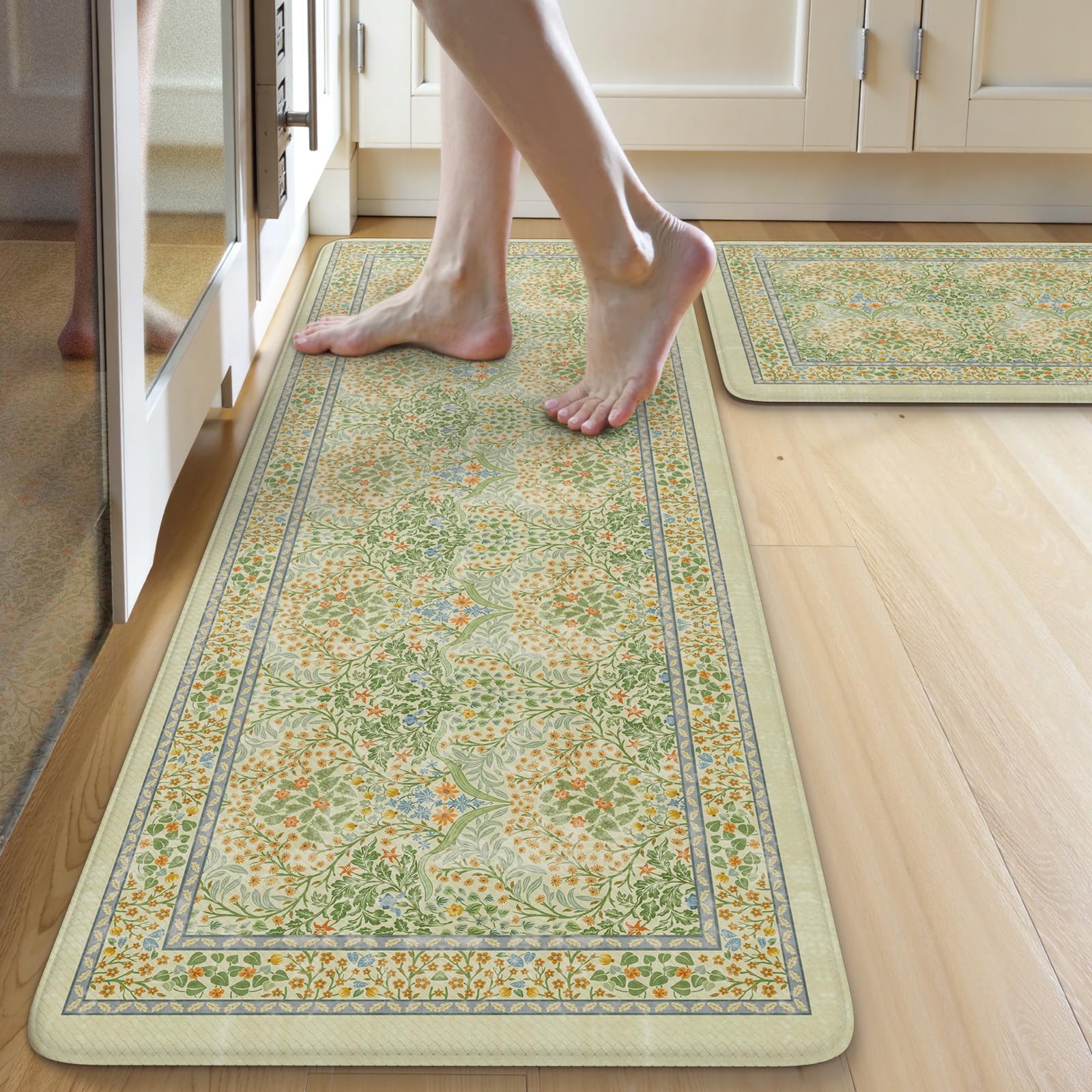 Collive Kitchen Mats for Floor 2PCS, Cushioned Anti Fatigue Mat Non Slip Waterproof Kitchen Sink Rugs, Washable Vintage Spring Floral Rug Comfort Standing Mat for Laundry, Desk, Bar, Office, Black
