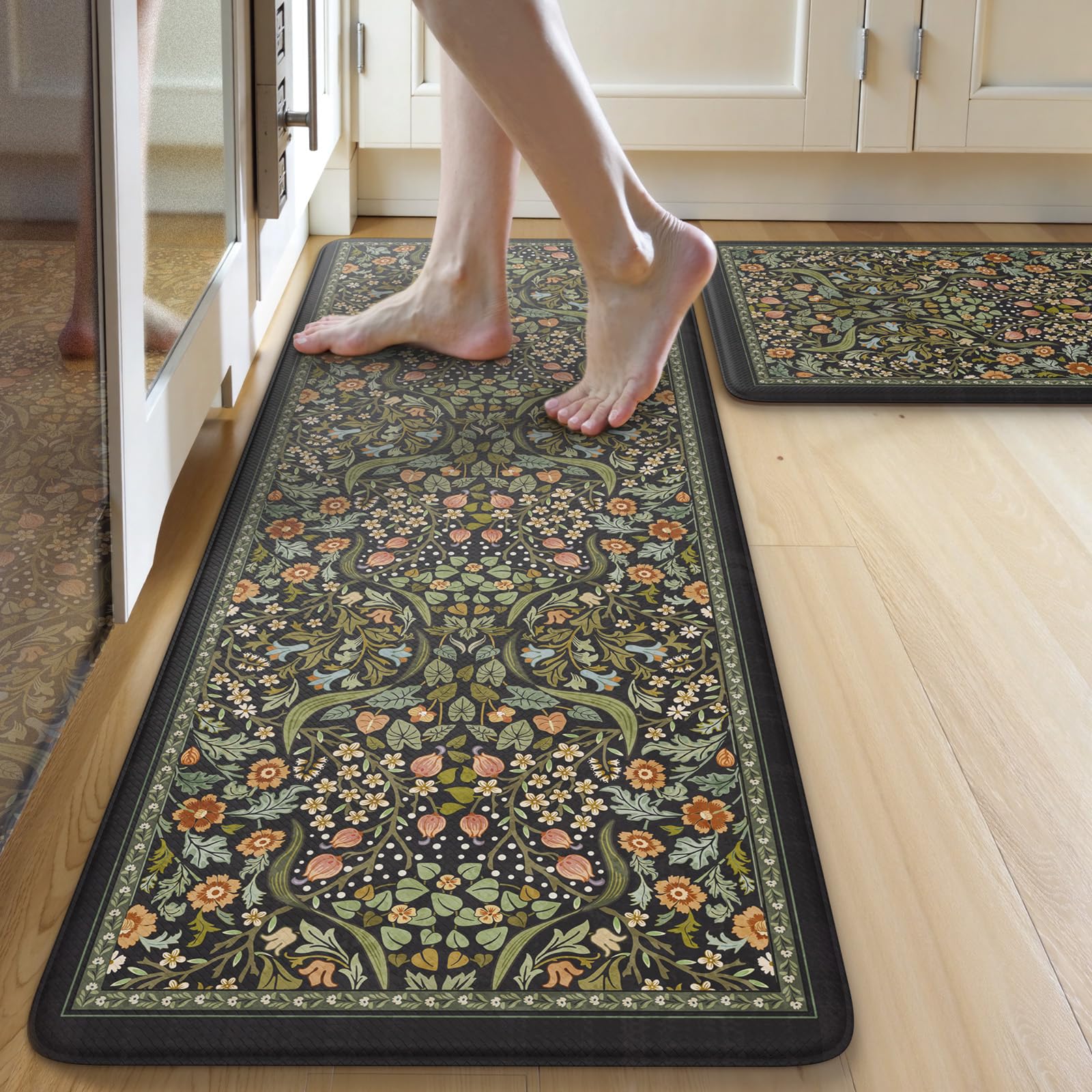 Collive Kitchen Mats for Floor 2PCS, Cushioned Anti Fatigue Mat Non Slip Waterproof Kitchen Sink Rugs, Washable Vintage Spring Floral Rug Comfort Standing Mat for Laundry, Desk, Bar, Office, Black