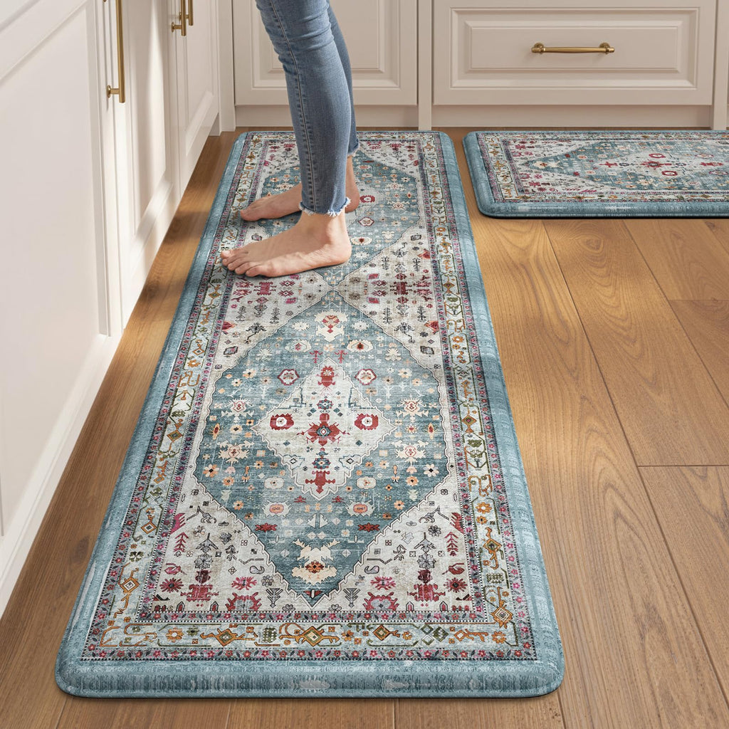 Collive Boho Kitchen Mats 2PCS, Cushioned Kitchen Mat for Floor Anti Fatigue Waterproof Kitchens Rugs Set of 2, Non Skid Comfort Standing Rug for Office, Sink, Laundry, 17.3"x29"+17.3"x47"