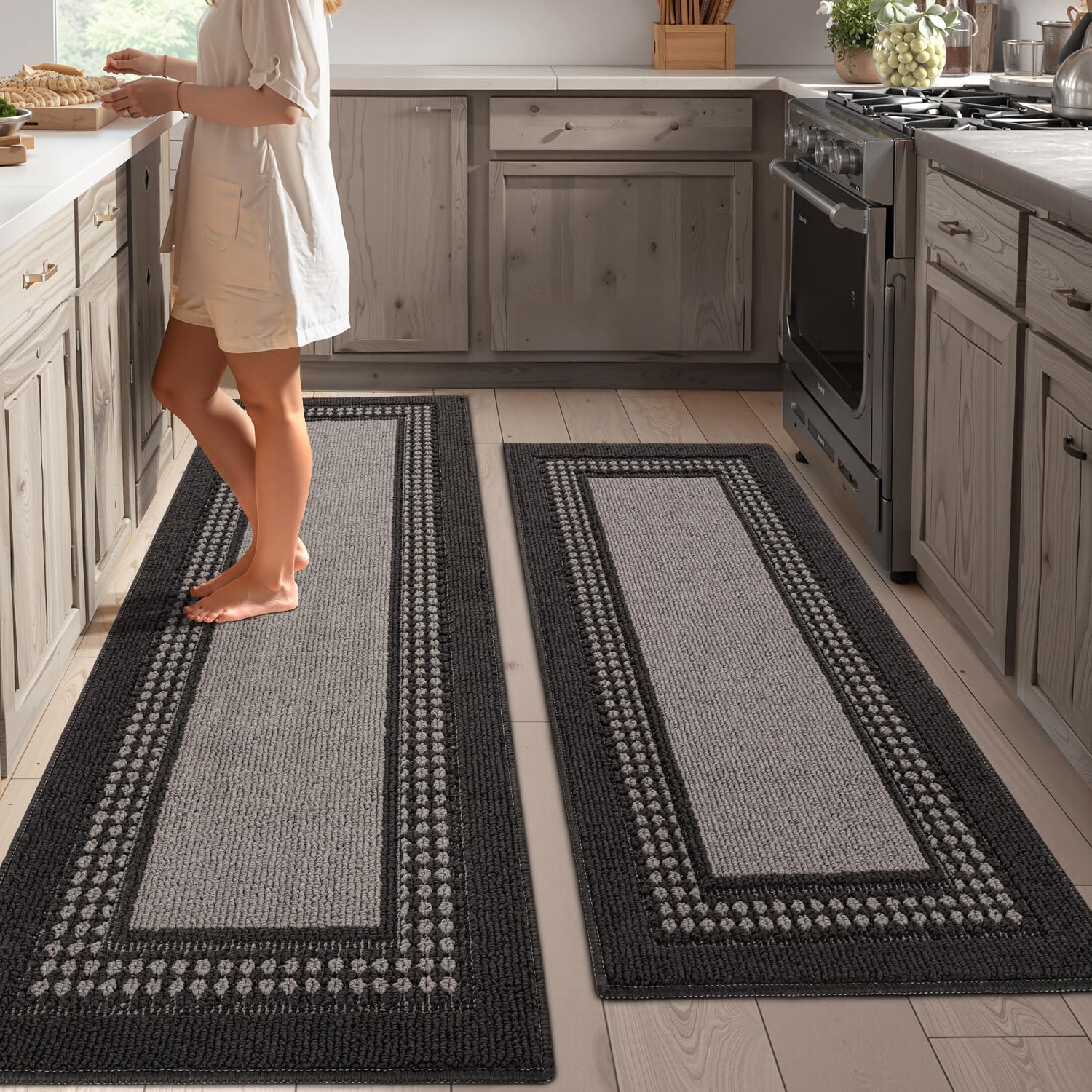 hicorfe Kitchen Runner Rugs,Set of 2 Non Slip Kitchen Mats for Floor,Vintage Stain Resistant Kitchen Mat Floor Carpet for Hallways Entryway Laundry Room Washable(20"x59"+20"x48",Grey)
