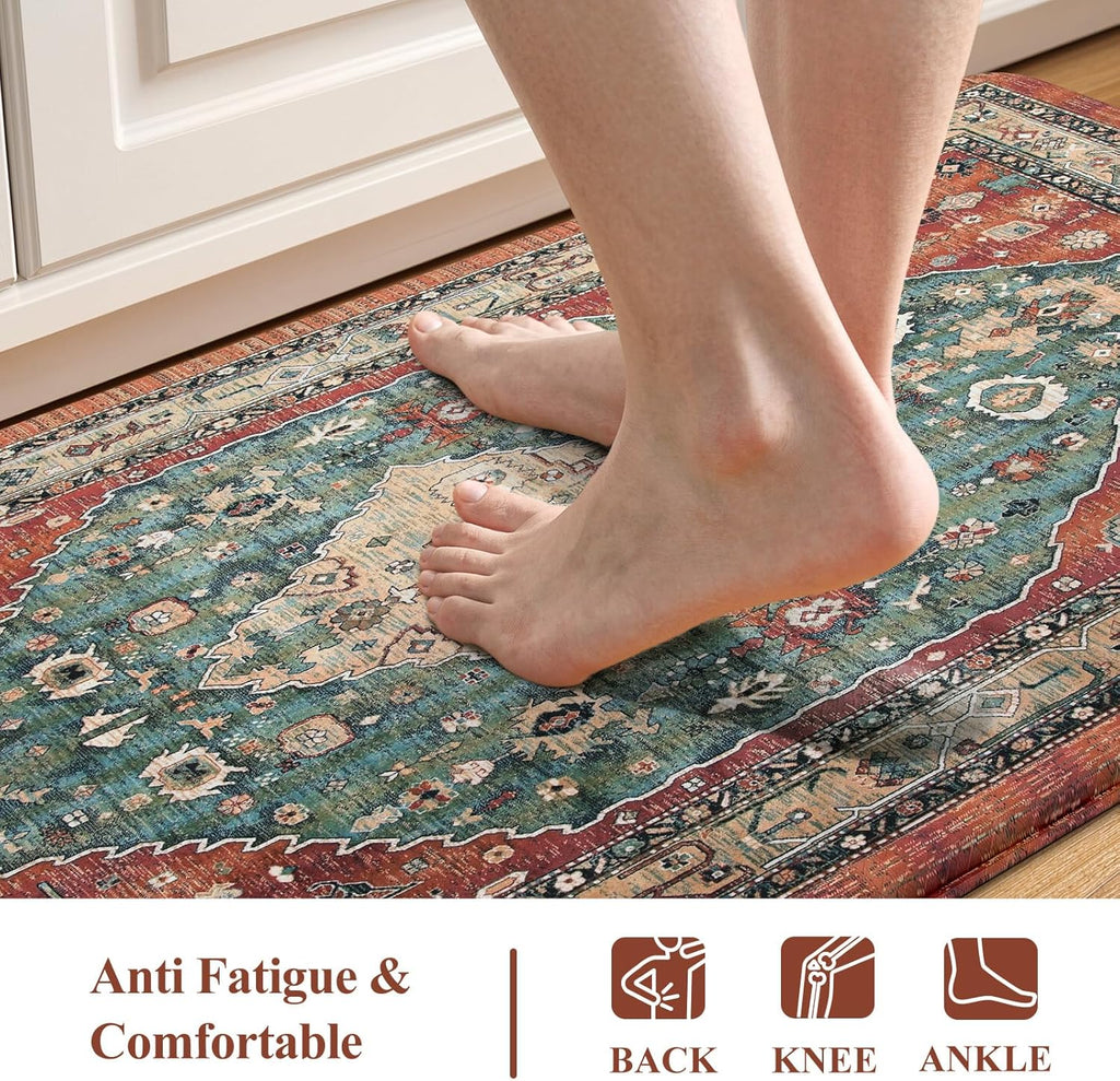 Collive Boho Kitchen Mats 2PCS, Cushioned Kitchen Mat for Floor Anti Fatigue Waterproof Kitchens Rugs Set of 2, Non Skid Comfort Standing Rug for Office, Sink, Laundry, 17.3"x29"+17.3"x47"
