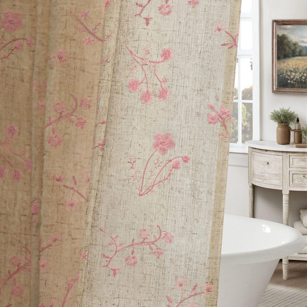 Floral Farmhouse Vintage Linen Shower Curtain, French Country Spring Shower Curtains for Bathroom, 72Wx72H