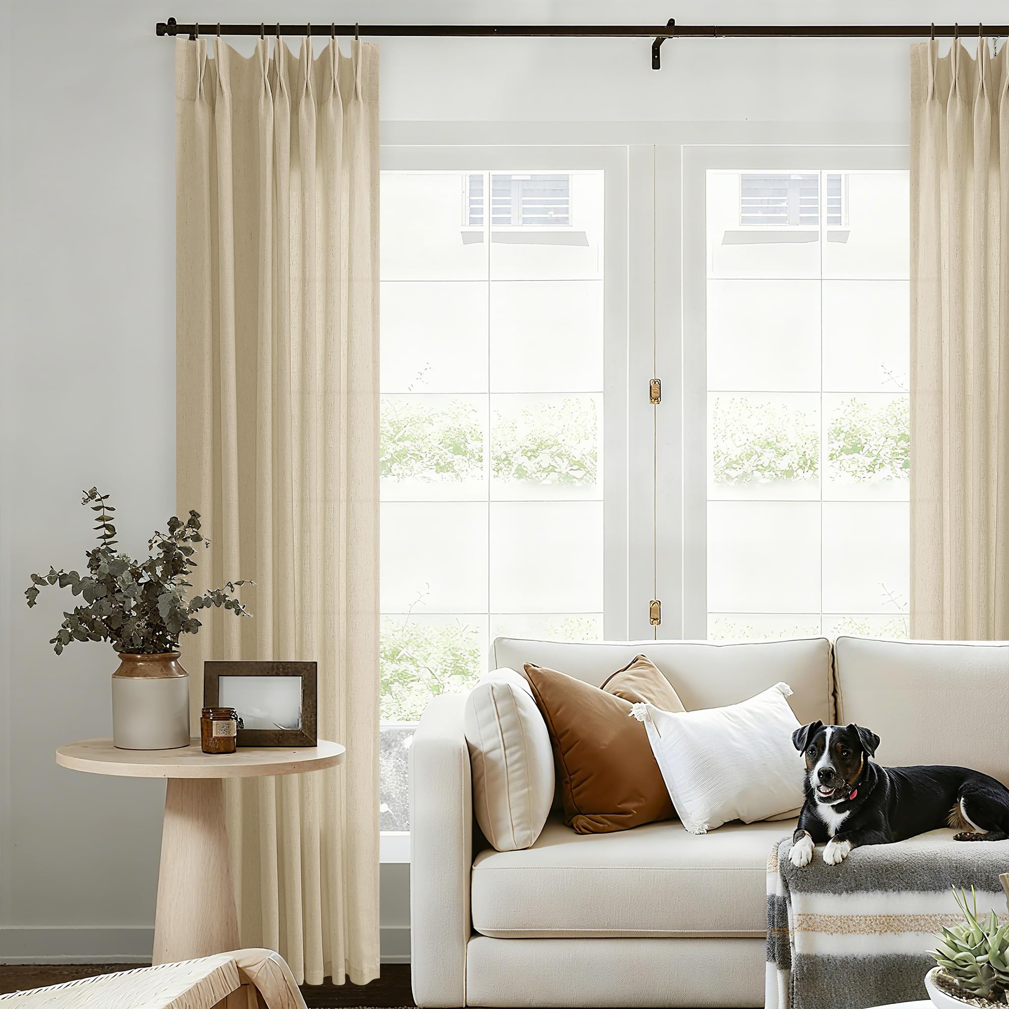 Natural Pinch Pleated Linen Curtains 72 Inches Long 72 Inch Wide for Living Room Bathroom Light Filtering Semi Sheer Shower Bath Curtain 72x72 Boho Neutral Pinch Pleated Drape Hooks Rings 1 Panel