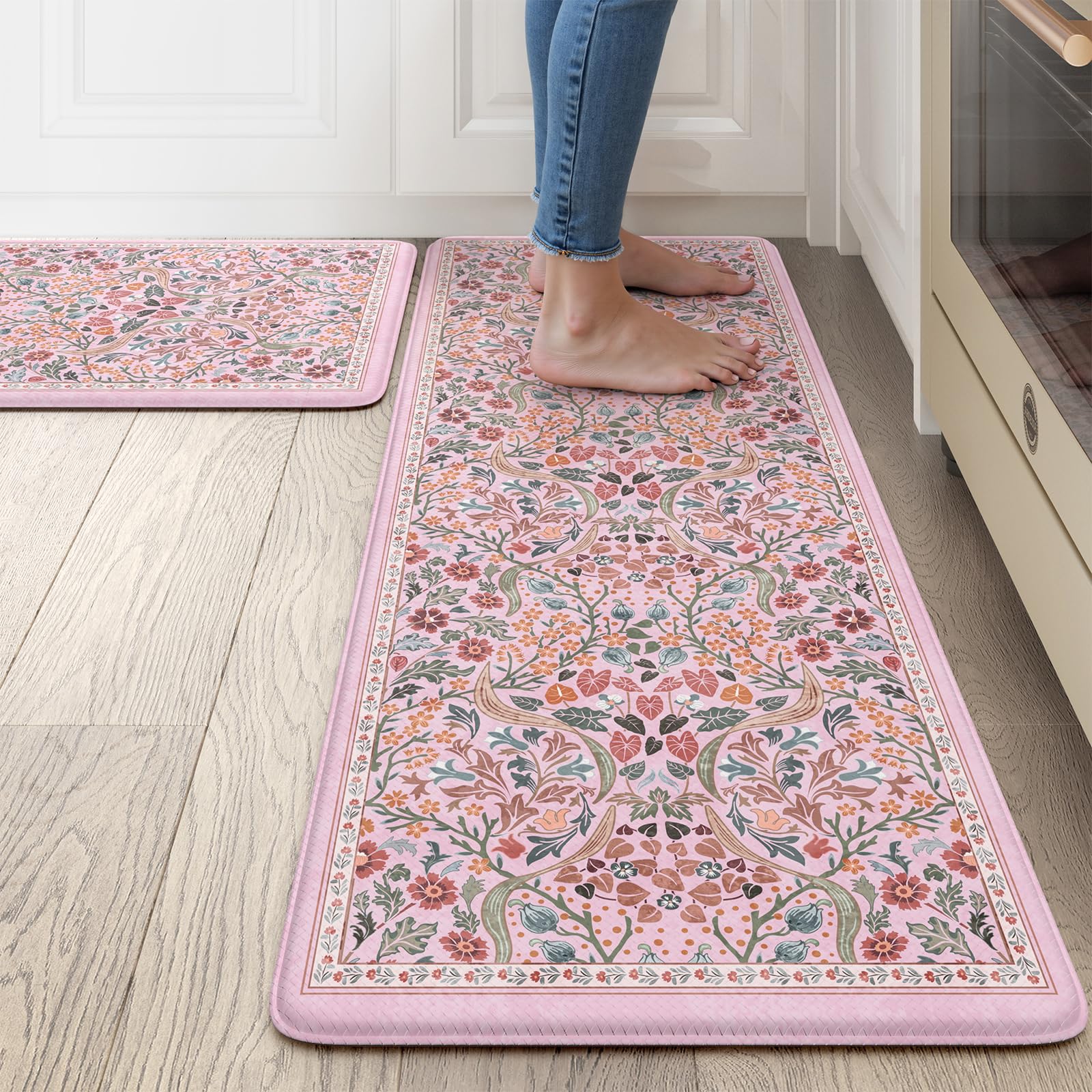 Collive Kitchen Mats for Floor 2PCS, Cushioned Anti Fatigue Mat Non Slip Waterproof Kitchen Sink Rugs, Washable Vintage Spring Floral Rug Comfort Standing Mat for Laundry, Desk, Bar, Office, Black