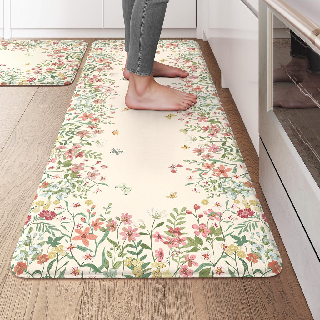 KIMODE Anti Fatigue Kitchen Mats for Floor, Boho Floral Kitchen Rugs Sets of 2, Cushioned Kitchen Floor Mats Non Slip, Comfort Spring Rugs for Kitchen Floor Sink Laundry Desk Beige 17.3"x29"+17.3"x47"