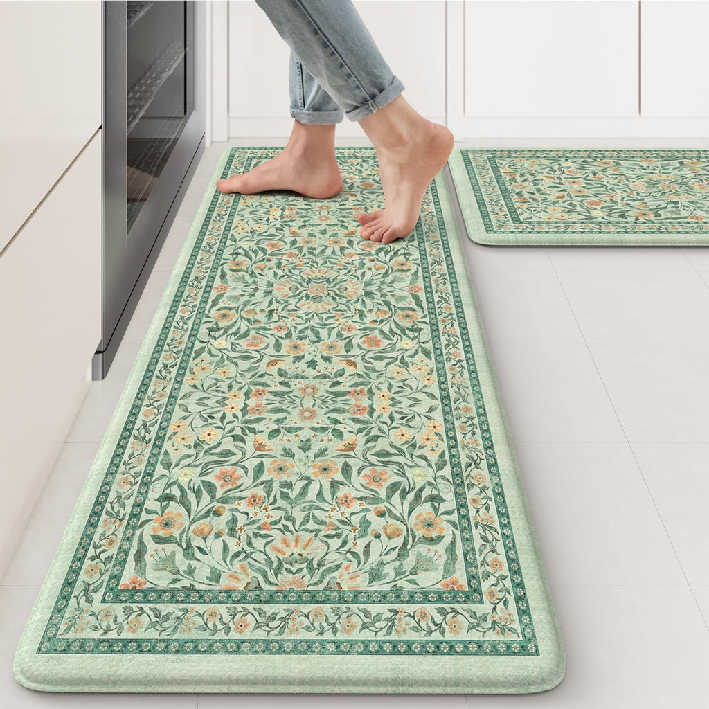 KIMODE Anti Fatigue Kitchen Mats for Floor, Boho Floral Kitchen Rugs Sets of 2, Cushioned Kitchen Floor Mats Non Slip, Comfort Spring Rugs for Kitchen Floor Sink Laundry Desk Beige 17.3"x29"+17.3"x47"