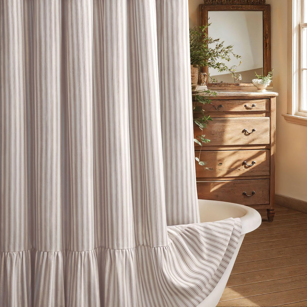 Beige Linen Farmhouse Ruffle Shower Curtain 72"×72", Rustic Boho Country Bathroom Fabric Curtain