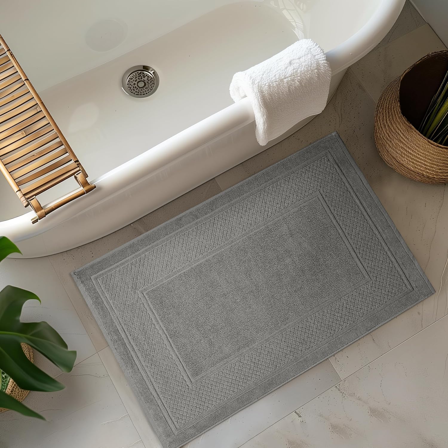 Avalon Towels Grey Bath Mat - 100% Cotton Set of 2 Absorbent Bathmat - Bathroom Mats Quick Dry Bath Mats for Bathrooms (22x34 Inches)