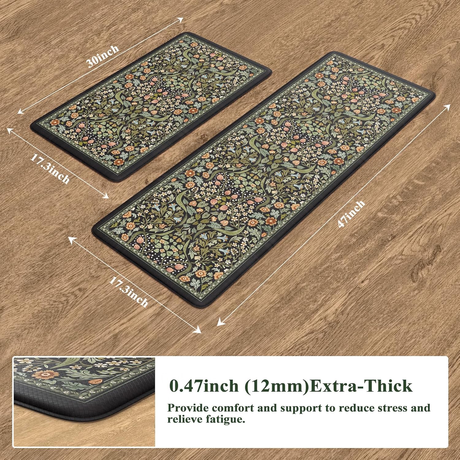 Collive Kitchen Mats for Floor 2PCS, Cushioned Anti Fatigue Mat Non Slip Waterproof Kitchen Sink Rugs, Washable Vintage Spring Floral Rug Comfort Standing Mat for Laundry, Desk, Bar, Office, Black