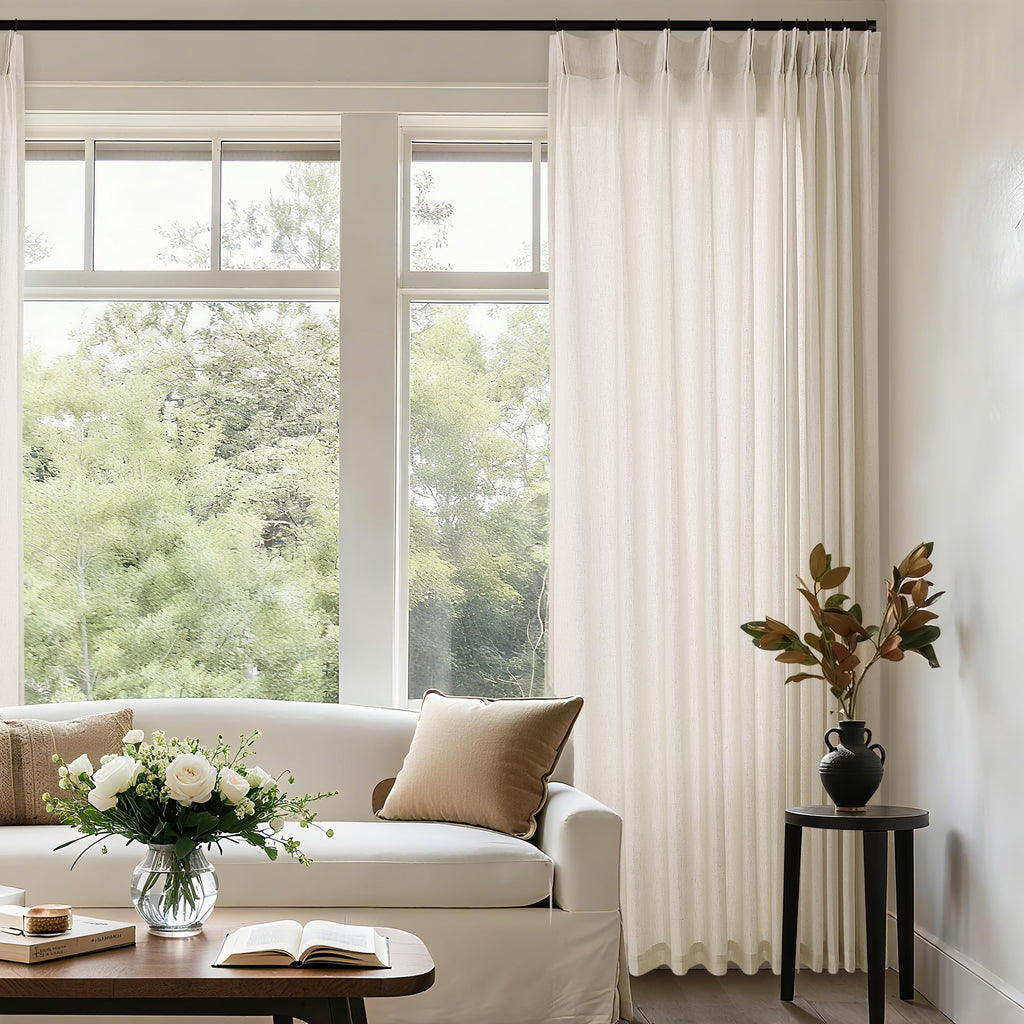 Natural Pinch Pleated Linen Curtains 72 Inches Long 72 Inch Wide for Living Room Bathroom Light Filtering Semi Sheer Shower Bath Curtain 72x72 Boho Neutral Pinch Pleated Drape Hooks Rings 1 Panel