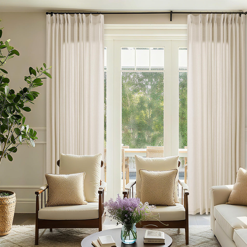 Natural Pinch Pleated Linen Curtains 72 Inches Long 72 Inch Wide for Living Room Bathroom Light Filtering Semi Sheer Shower Bath Curtain 72x72 Boho Neutral Pinch Pleated Drape Hooks Rings 1 Panel