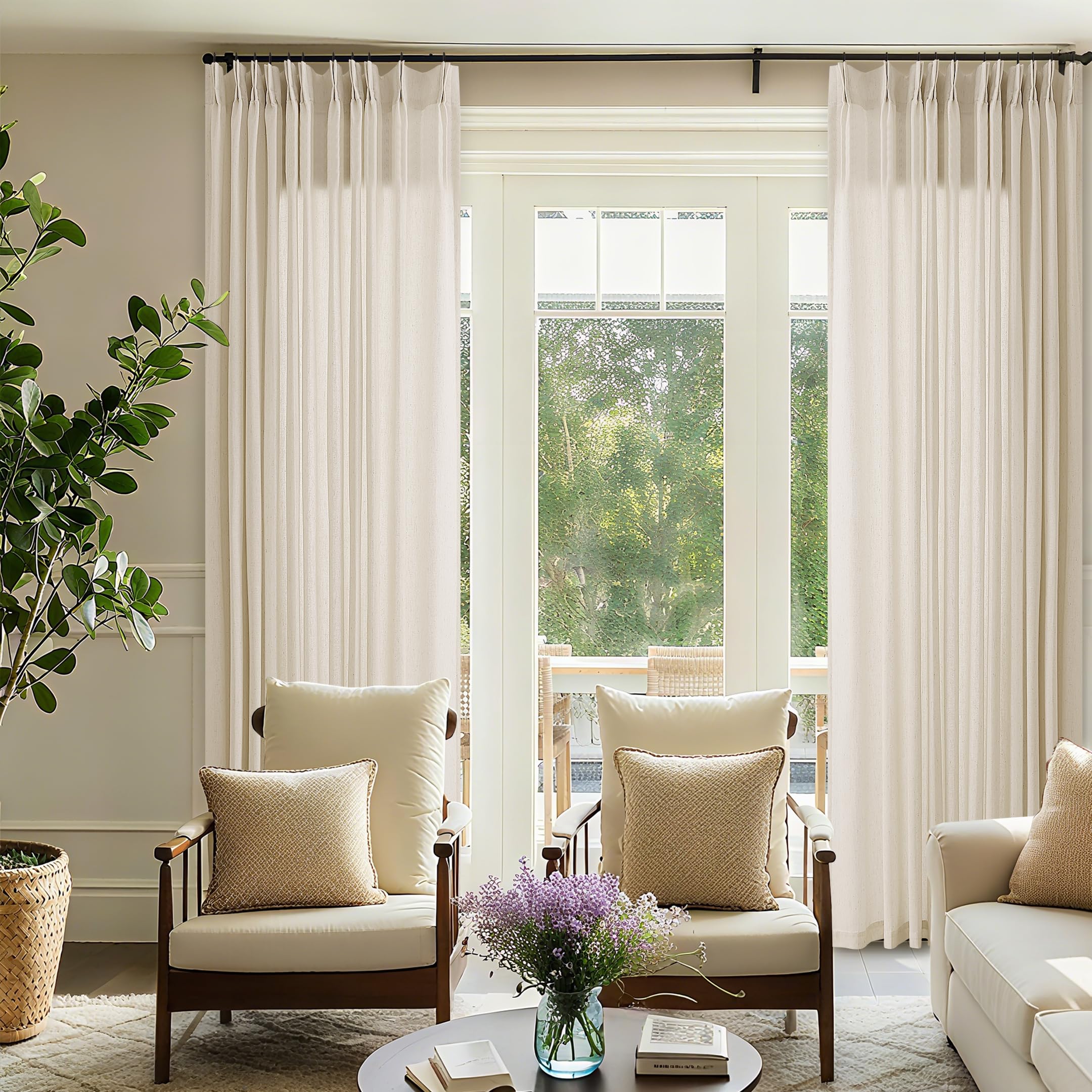 Natural Pinch Pleated Linen Curtains 72 Inches Long 72 Inch Wide for Living Room Bathroom Light Filtering Semi Sheer Shower Bath Curtain 72x72 Boho Neutral Pinch Pleated Drape Hooks Rings 1 Panel