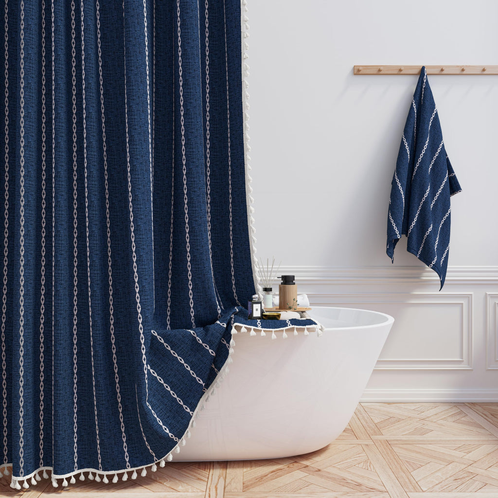 BTTN Boho Farmhouse Shower Curtain, Linen Rustic Weighted Striped Cloth Shower Curtain Set with Tassel, Water Repellent, Bohemian Vintage Country Fabric Shower Curtain for Bathroom, Cream/Beige, 72x72