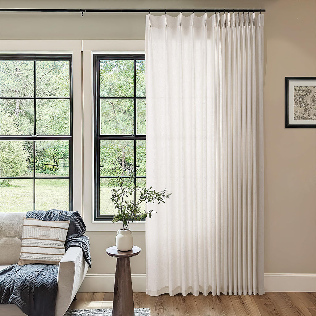 Natural Pinch Pleated Linen Curtains 72 Inches Long 72 Inch Wide for Living Room Bathroom Light Filtering Semi Sheer Shower Bath Curtain 72x72 Boho Neutral Pinch Pleated Drape Hooks Rings 1 Panel