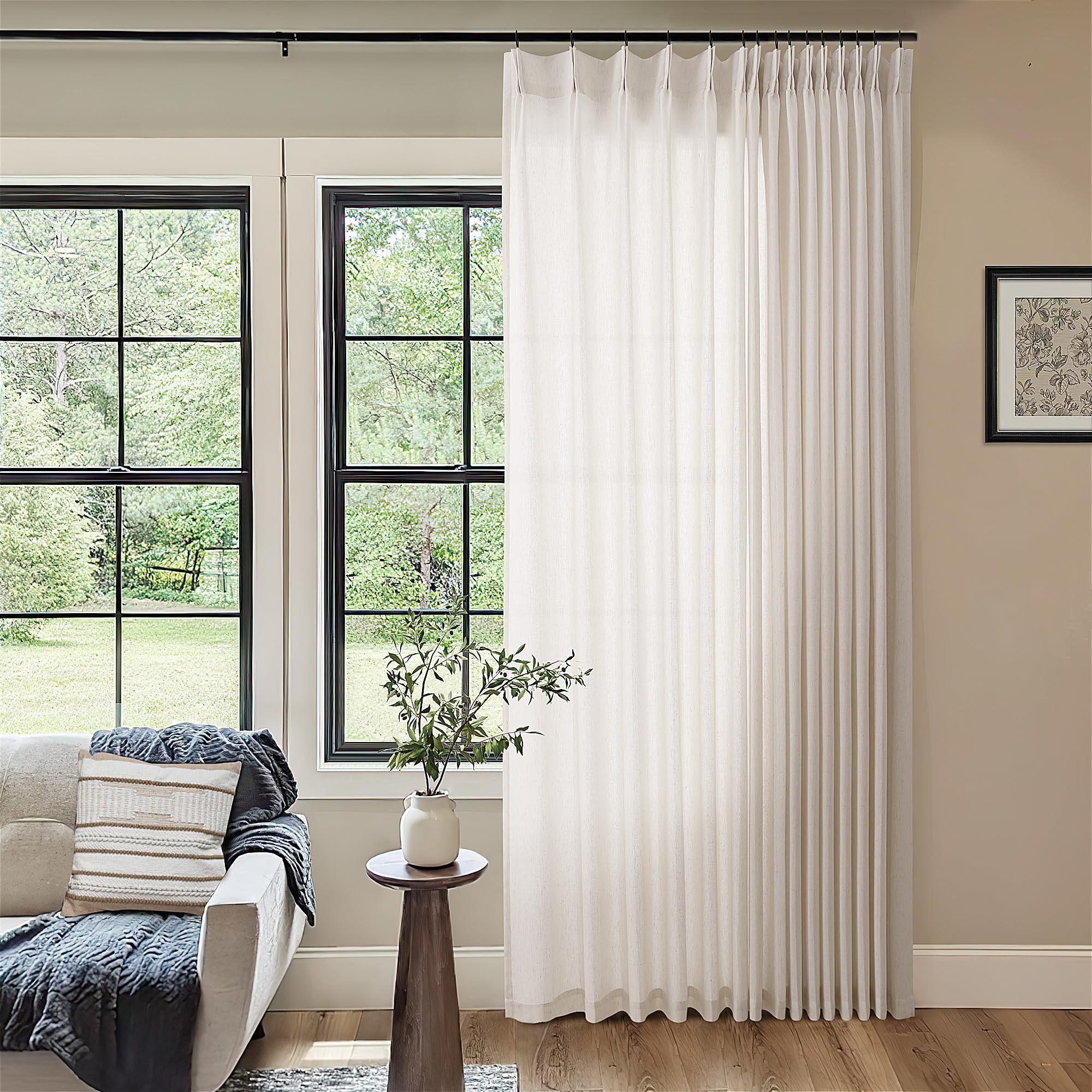Natural Pinch Pleated Linen Curtains 72 Inches Long 72 Inch Wide for Living Room Bathroom Light Filtering Semi Sheer Shower Bath Curtain 72x72 Boho Neutral Pinch Pleated Drape Hooks Rings 1 Panel