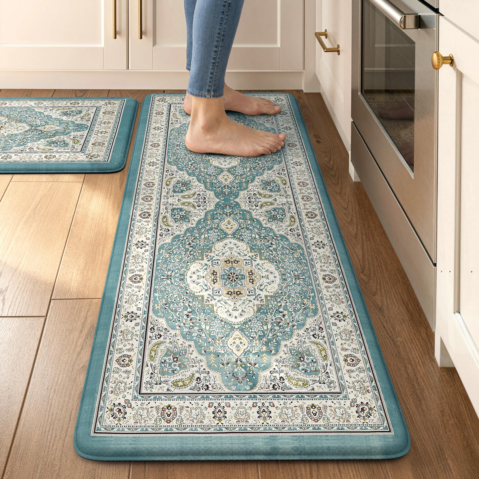 Collive Boho Kitchen Mats 2PCS, Cushioned Kitchen Mat for Floor Anti Fatigue Waterproof Kitchens Rugs Set of 2, Non Skid Comfort Standing Rug for Office, Sink, Laundry, 17.3"x29"+17.3"x47"