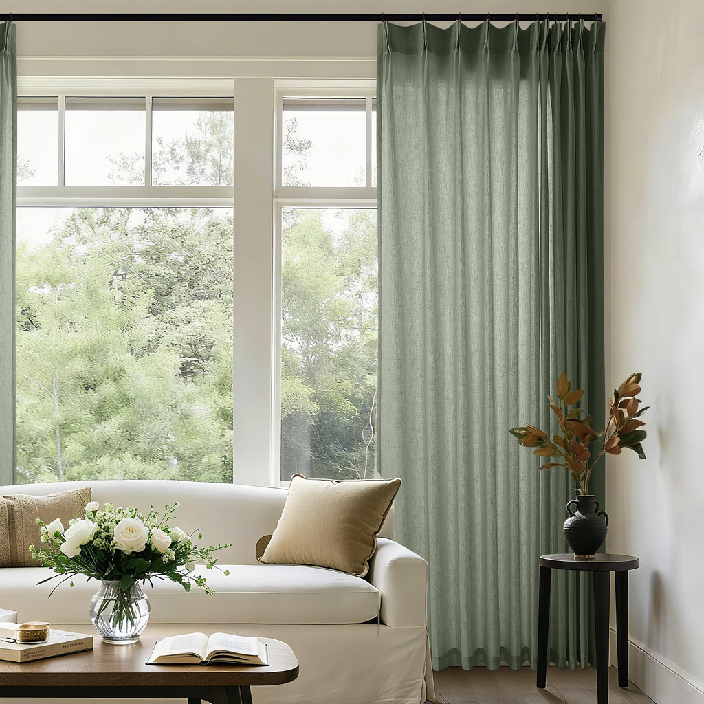 Natural Pinch Pleated Linen Curtains 72 Inches Long 72 Inch Wide for Living Room Bathroom Light Filtering Semi Sheer Shower Bath Curtain 72x72 Boho Neutral Pinch Pleated Drape Hooks Rings 1 Panel