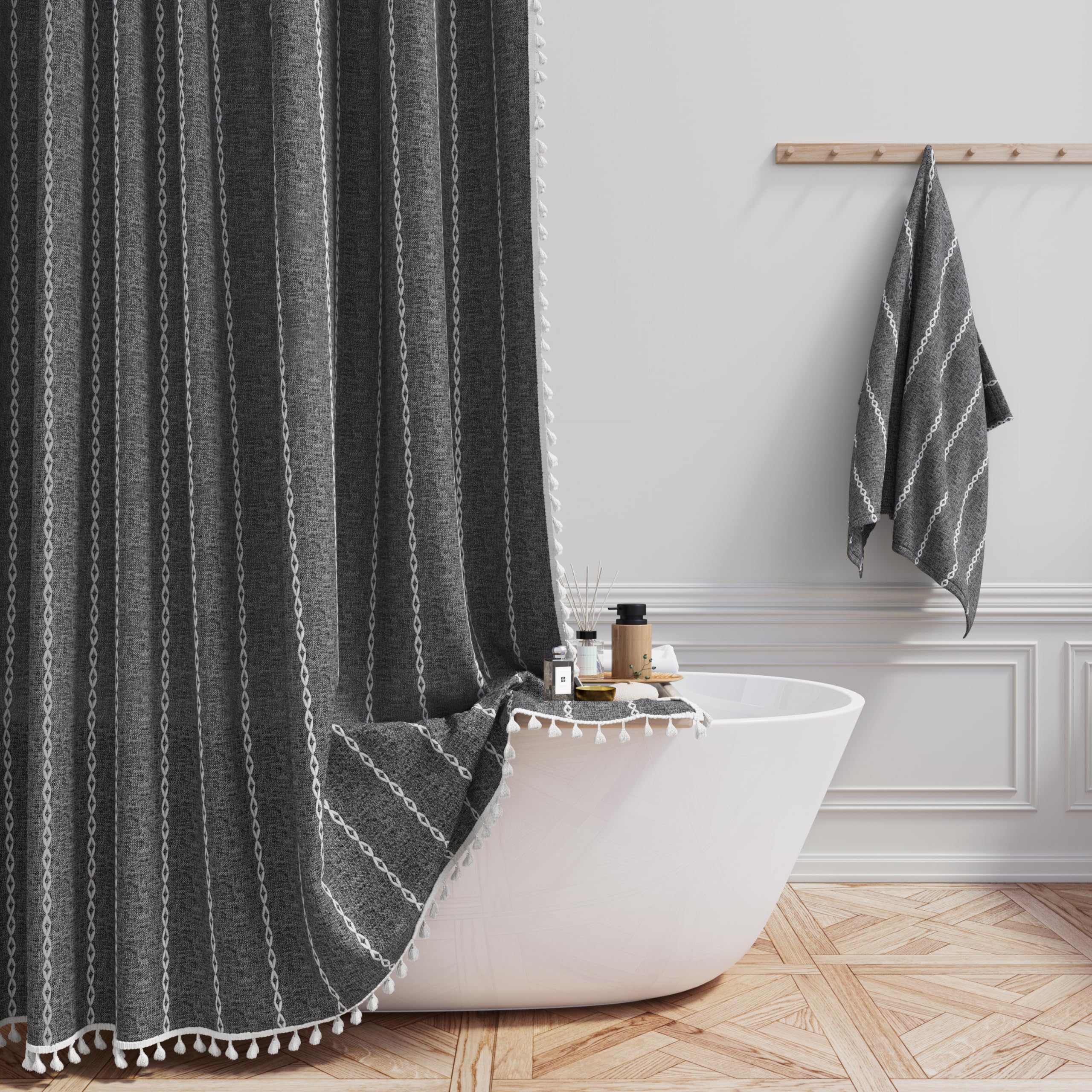 BTTN Boho Farmhouse Shower Curtain, Linen Rustic Weighted Striped Cloth Shower Curtain Set with Tassel, Water Repellent, Bohemian Vintage Country Fabric Shower Curtain for Bathroom, Cream/Beige, 72x72