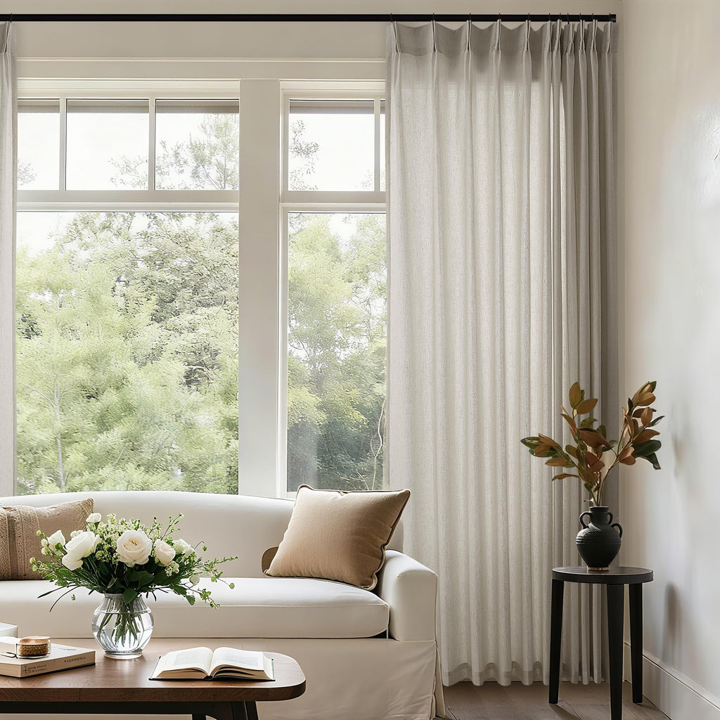 Natural Pinch Pleated Linen Curtains 72 Inches Long 72 Inch Wide for Living Room Bathroom Light Filtering Semi Sheer Shower Bath Curtain 72x72 Boho Neutral Pinch Pleated Drape Hooks Rings 1 Panel